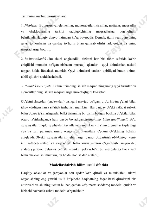 inishiga olib kelishi mumkin (samolyot modeli) yoki maketni yaratish juda qimmat (shaharning arxitektura modeli) va boshqalar. har bir ob'ekt juda ko'p turli xil xususiyatlarga ega. modelni qurish jarayonida tadqiqotchini qiziqtiradigan asosiy, eng muhim xususiyatlar aniqlanadi. bu modellarning asosiy xususiyati va asosiy maqsadi. modellashtirishning asosiy maqsadlari: 1. ma'lum bir ob'ekt qanday ishlashini, uning tuzilishi, asosiy xususiyatlari, rivojlanish qonunlari va tashqi dunyo bilan o'zaro ta'sirini tushunish (tushunma). 2. ob'ektni (jarayonni) boshqarishni o'rganish va berilgan maqsad va mezonlar bo'yicha boshqarishning eng yaxshi usullarini aniqlash (management). 3. ob'ektga ta'sir ko'rsatishning ko'rsatilgan usullari va shakllarini amalga oshirishning bevosita va bilvosita oqibatlarini bashorat qilish (bashorlash). moddiy modellari barcha modellarni ikkita katta sinfga bo'lish mumkin: moddiy va axborot. moddiy modellar . ob'ektli modellar bevosita tadqiq qilish uchun mavjud bo'lmagan ob'ektlar va jarayonlarni (juda katta - juda kichik ob'ektlar; juda tez - juda sekin jarayonlar va boshqalar) vizual moddiy shaklda tasavvur qilish imkonini beradi. misollar: binolar maketlari, avto …
