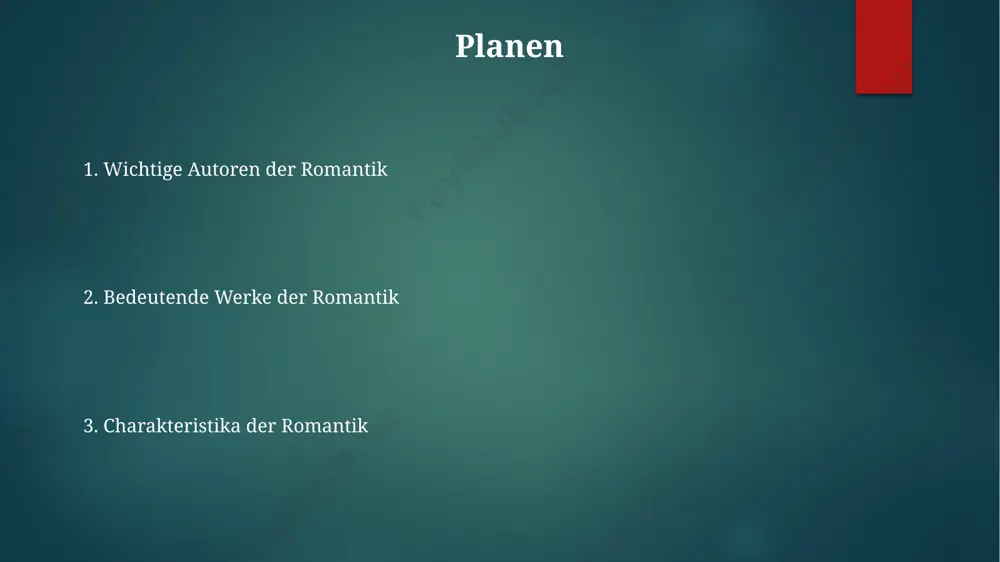 r grimm, jacob und wilhelm, sammelten nicht nur 200 märchen, sondern leisteten auch bedeutende beiträge zur sprachwissenschaft und germanistik, was ihre stellung innerhalb der romantik-bewegung komplexer und vielschichtiger macht als nur märchensammler zu sein. novalis, mit bürgerlichem namen georg philipp friedrich freiherr von hardenberg, verfasste neben seinen zahlreichen philosophischen schriften auch die unvollendete, aber einflussreiche romane "heinrich von ofterdingen", geprägt von symbolismus und 2 wichtigen motiven: das poetische leben und die suche nach dem "blauen blümchen" friedrich schlegel, ein schlüsselfigur der frühromantik, prägte mit seinen "athenäumsfragmenten" wesentliche konzepte der romantik, wie z.b. die ironie als literarisches stilmittel und die bedeutung des unendlichen, in über 100 kurzen essays. die sehnsucht und das unendliche das motiv des "unheimlichen", eng verbunden mit dem gefühl der sehnsucht, findet sich in ca. 15% der romantik-erzählungen wieder und spiegelt die faszination für das geheimnisvolle und unerklärliche wider. die sehnsucht nach dem unendlichen ist ein zentrales thema …