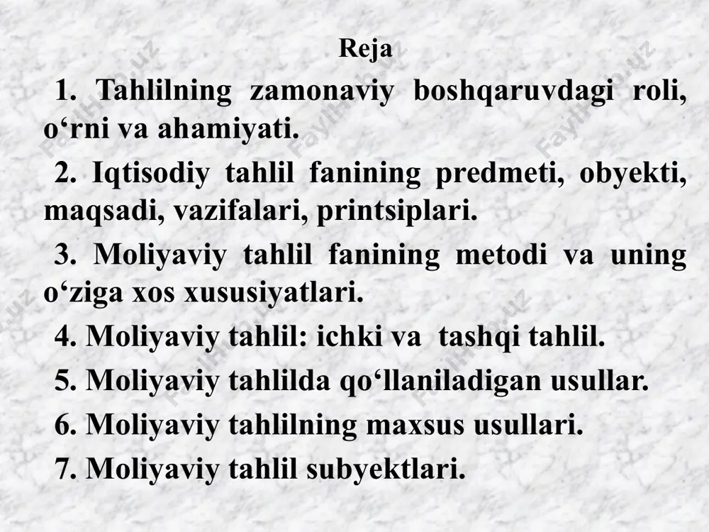 ub’ektlarning manfaatlariga zid bo’lmagan talablarga mosligini nazorat qiladi tahlil xo’jalik yurituvchi sub’ektning faoliyat ko’rsatkichlari, moliyaviy ahvoli, pul mablag’larining harakati haqida axborotlar yuzasidan analitik xulosalarni chiqaradi, joriy va istiqboldagi rivojlanish ko’rsatkichlariga baho beradi va ularni yaxshilash yuzasidan muhim chora-tadbirlarni belgilaydi. tahlilning boshqaruvdagi o’rni – xo’jalik yurituvchi subyektlarning xo’jalik-tijorat-moliya faoliyatining joriy holatiga baho berish va uni kelgusida yanada rivojlantirish yuzasidan tizimli yechimlarni boshqaruv subyektlariga yetkazib berishdan iborat. tahlilning boshqaruvdagi ahamiyatini – xo’jalik subyektlari iqtisodiy, moliyaviy ahvoli, uning kelgusidagi kutilishlari, pul mablag’lari kirimi va chiqimidagi ijobiy farqlanishlar, kapital hajmini oshirishdagi kompleks o’rganishlarning zaruriyligi xarakterlaydi. 6 nomlanishi izoh balansshunoslik balans ma’lumotlarini o’rganganligi sababli balans talqini ko’rsatkichlarning davriy o’zgarishlariga baho berish zaruriyati tufayli balansni tahlil qilish davriy o’zgarishlarda erishilgan natijalar yoki boy berilgan imkoniyatlarga qarab kelajakni baholash zaruriyatining paydo bo’lishi bilan hisobot tahlili moliyaviy hisobot shakllarining sonining ko’payishi va ularda aks etuvchi elementlarni baholash zaruriyati tufayli tahlil fanining vujudga kelishi 7 8 iqtisodiy tahlil barcha …