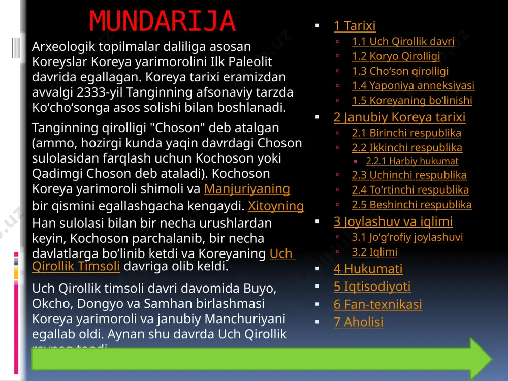 sin sulolasining choʻsonga qilgan hujumlaridan soʻng choson davlati sin imperiyasi vassaliga aylanadi. sin imperiyasi xitoydagi min sulolasini tugatib taxtga kelgan yana bir xitoyni boshqargan sulolalardan biri. davlat ichki boshqaruvida konfusiylarning taʼsiri juda ham kuchayib ketadi, bu ham davlatning tanazzulga yuz tutishiga sabab bo’ladi. xix asrning ikkinchi yarmiga kelib yaponiya namunasidagi g’arblashish (yevropalashish) islohotlari keng quloch yoyadi. ayniqsa bu islohotlarda zodagon pak kyu su faol qatnashadi, ammo uning o’limidan so’ng bu islohotlar to’xtab qoladi. tiklangan kobukson. 1893—1895-yillarda koreyada inqilobiy harakatlar boshlanadi. inqilobchilar qirol ma’muriyatidan yaponlarga qarshi xitoydan madad so’rashni talab qiladilar, shundan so’ng qirol xitoydan yordam soʻraydi. xitoy o’z armiyasining bir qismini koreyslarga yordam uchun jo’natadi. bu esa xitoy va yaponiya urushini keltirib chiqaradi (1894-95-yillarda bo’ladi). natijada urush yaponiya g’alabasi bilan tugaydi, koreya esa amalda yaponiya protektorati ostiga tushib qoladi. yaponiya anneksiyasi 1904-yilda rus-yapon urushi boshlanadi. garchi koreya rasmiy ravishda urushda qatnashmagan bo’lsa-da, barcha dengiz va quruqlikda olib borilgan urushlar qisman …