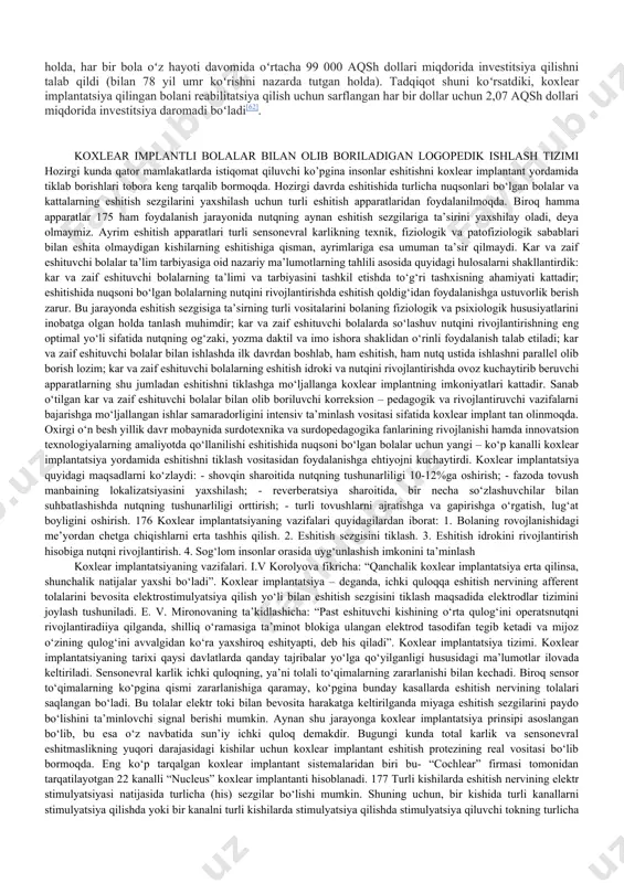 i efüzyonli otitis media, ikkinchi protsedurani talab qiladigan implantatsiya qilingan qurilmaning siljishi, yuz nervining shikastlanishi, chorda timpaniyasining shikastlanishi va yara infeksiyalari kiradi[30]. koxlear implantatsiya operatsiyasi infeksiya darajasi 3% dan kam boʻlgan toza protsedura hisoblanadi[31]. koʻrsatmalar muntazam profilaktik antibiotiklarni talab qilmasligini koʻrsatadi[32]. shu bilan birga, operatsiyadan keyingi infektsiyaning potentsial narxi yuqori (shu jumladan, implantni yoʻqotish ehtimoli); shuning uchun antibiotiklarni operatsiyadan oldin vena ichiga bir marta yuborish tavsiya etiladi[33]. asoratlanish darajasi kichik asoratlar uchun taxminan 12% va katta asoratlar uchun 3% ni tashkil qiladi; asosiy asoratlarga infeksiyalar, yuz falaji va qurilmaning ishdan chiqishi kiradi. dunyo boʻylab har yili 20 tagacha yangi bakterial meningitdan keyingi ci holatlari roʻy bersa-da, maʼlumotlar kamayib borayotganini koʻrsatadi[34]. bakterial meningit xavfini oldini olish uchun cdc ci ga uchragan kattalar va bolalarga streptococcus pneumoniaega antitana hosil qiluvchi yoshga mos vaksinalarni olishni tavsiya qiladi[35]. vaqtinchalik yuz nervi falajining darajasi taxminan 1% ni tashkil qiladi. reimplantatsiyani talab qiladigan qurilmaning ishdan chiqishi …