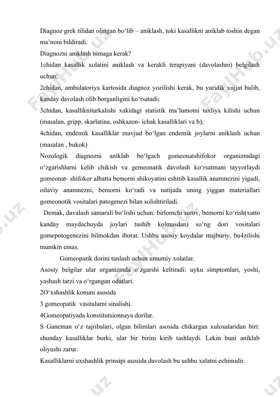 neman keltirgan. odam organizmiga issiq va sovuqni ta’siri. agar sovuq olgan qo‘lni issiq suvga solinsa qo‘l darov isiydi (bu birlamchi reaksiya) lekin undan keyin 2nchi reaksiya qarama qarshisi bo‘ladi, chunki issiq suvga solingan qo‘l sovuq qotadi suvdan chiqargandan so‘ng. agar, o‘xshashlik prinsipi asosida, sovuq olggan ko‘lni muzday suvga solinsa avval shok xolat vujudga keladi, keyin esa qo‘l isib ketadi- bu himoyalash reaksiyasidir. s. ganeman o‘z tajribalari, olgan bilimlari asosida chiqargan xulosalaridan biri; shunday kasalliklar borki, ular bir birini qirib tashlaydi. lekin buni aniqlab olish zarur. kasalliklarni o‘xshashlik prinsipi asosida davolash bu ushbu xolatni echimidir. bu xolatni tushinishi uchun oddiy bir misolni ganeman keltirgan odam organizmiga issiq va sovuqni ta’siri . agar sovuq olgan qo‘lni issiq suvga solinsa qo‘l darrov msitdi(bu birlamchi reaksiya) lekin undan keyin 2nchi reaksiyag‘ qarama qarshisi bo‘ladi, chunki issiq suvga solingan qo‘l sovuq otadi,suvdan chikargandan so‘ng. agar o‘xshashlik prinsipi asosida, sovuq shok xolat vujudga keladi, keyin esa …