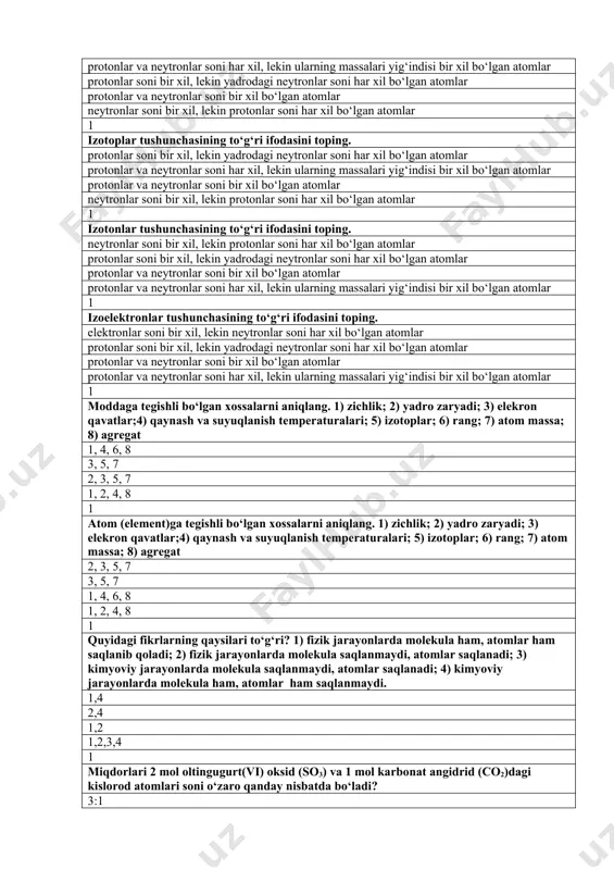 shakllarga ega emas? 1) kislorod; 2) vodorod; 3) ftor 4) azot; 5) uglerod. 2, 3, 4 1, 2 2, 3 1, 5 1 quyidagilarning qaysilari fizikaviy hodisa? 1) mis idishning havoda qorayishi 2) suvning muzlashi 3) kislotaga asos ta’sir ettirish 4) qumni sement bilan aralashtirish 5) havoni sovutib kislorod olish 6) metallning havoda oksidlanishi 2, 4, 5 1, 2, 3 4, 5, 6 1, 3, 6 1 quyidagilarning qaysilari kimyoviy hodisa? 1) mis idishning havoda qorayishi 2) suvning muzlashi 3) kislotaga asos ta’sir ettirish 4) qumni sement bilan aralashtirish 5) havoni sovutib kislorod olish 6) metallning havoda oksidlanishi 1, 3, 6 1, 2, 3 4, 5, 6 2, 4, 5 1 "atom" tushunchasini qaysi tavsif to`laroq talqin etadi? musbat zaryadlangan yadro bilan bir yoki bir necha elektronlardan tashkil topgan elektroneytral zarracha moddaning fizik xossalarini o’zida mujjasamlashtirgan eng kichik zarracha jismning tarkibiy qismi bir necha oddiy moddalardan tashkil topgan hodisa 1 …