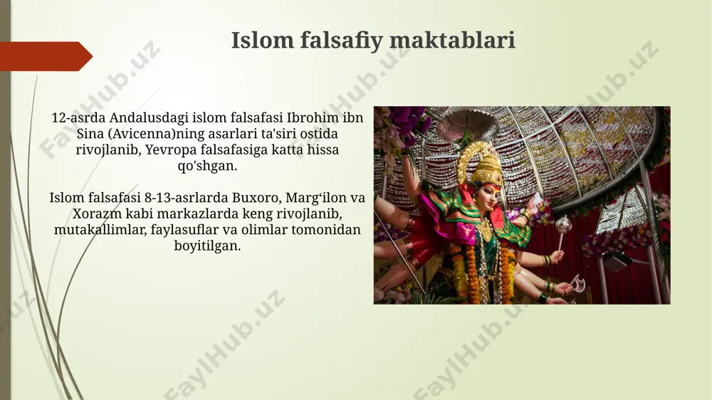 vujudga keltirdi, bu esa huquqiy va teolojik fikrlashning rivojlanishiga sezilarli ta’sir ko‘rsatdi. xanafiy va malikiy mazhablari o‘rtasidagi farqlar, ayniqsa, meros huquqi va jinoyat ishlari bo‘yicha 11-asr andalusiyasida (ispaniya) keskinlashdi, bu esa huquqiy bahslarning kuchayishiga sabab bo‘ldi. islom tasavvufining shakllanishi viii-ix asrlarda xorazm va buxoro kabi markazlarda tasavvufning dastlabki shakllari paydo boʻlib, sulaymon ibn xorrazmiy singari mutafakkirlarning taʼsiri sezilarli boʻlgan. xiii asrda movarounnahrda xojagoning taʼsiri bilan naqshbandiya tariqati keng yoyilib, yangi bosqichga olib chiqdi. ilm-fanning rivojlanishi va olimlar 11-12 asrlarda markaziy osiyoda, xususan samarqandda, ilm-fan markazlari rivojlandi, ular 200 dan ortiq olimlarni oʻz ichiga olgan va jahon madaniyatiga katta ta’sir koʻrsatgan. 15-asrda heratda amir temur va uning avlodlari homiyligida 50 dan ziyod kutubxona va madrasa qurildi, bu ilm-fanning rivojiga kattta ta’sir koʻrsatdi. islom arxitekturasi va sanʼati viii-ix asrlarda samarqandda qurilgan islom meʼmorchiligi namunasi boʻlmish mir-i arab madrasasi oʻzining murakkab geometrik naqshlari va 16 ta ustunli katta ayvon bilan ajralib turadi. xvi …