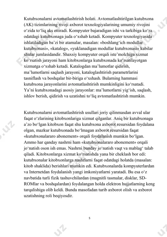 tlari rahbarlarining tashabbusi bilan ogayo kollejlari kutubxona markazi- ohio college library center (oclc) tashkil qilindi. bundan maqsad -akademik universitetlarning kompyuter tizimlarini rivojlantirib, bibliografik resurslarni o‘zaro almashtirishga imkon yaratish edi. oclc ning birinchi idorasi ogayo davlat universitetining bosh kutubxonasida, birinchi kompyuterlashtirilgan zal esa mazkur universitet tadqiqotlar markazida tashkil qilindi. oslc va uning boshqa universitetlar bilan hamkorligi tezda rivojlandi. 1981 yilda korporatsiyaning rasmiy nomi oclc — to‘g‘ri murojaat qiluvchi kutubxona markazi (online computer library center inc) deb o‘zgartirildi. bugungi kunda oclc 63 mamlakatdagi 23000 kutubxonaga xizmat qiladi. elektron kutubxona g‘oyasi jahonning rivojlangan mamlakatlaridagi universitetlar va yirik kutubxonalarda u yoki bu yo‘sinda tatbiq qilinmoqda. masalan, yangi texnologiyalarni tatbiq qilish agentligi, parlament milliy kutubxonasi, bir qator vazirliklar, 20 dan ortiq kutubxona va madaniy markazlar o‘z kuchlarini birlashtirib, «xxi asr kutubxonasi»ni yaratishga kirishganlar. bir necha yil avval aqsh kongressi kutubxonasi elektron kutubxona yaratish milliy dasturini amalga oshira boshladi. 1994 yildan boshlab, aqshda nsf, darpa va …