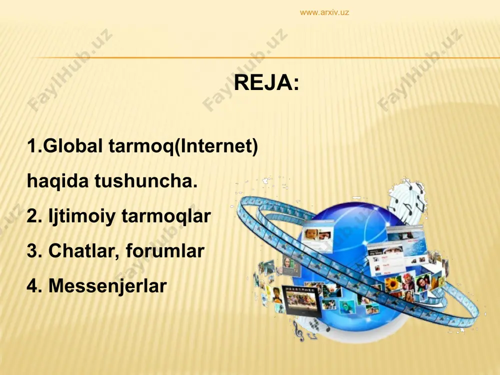rxiv.uz www.arxiv.uz www.arxiv.uz www.arxiv.uz ijtimoiy tarmoqning maqsadi internetda o‘zaro qiziqishlar yoki faoliyatga ega shaxslar bilan muloqot qurishdan iborat. o‘zaro aloqa ichki pochta yoki xabar almashish tizimi orqali amalga oshiriladi. ijtimoiy tarmoqlar ochiq yoki yopiq bo‘lishi mumkin. ijtimoiy tarmoq xususiyatlarining biri – do‘stlar va guruxlar tizimi. uni quyidagi chizma yordamida tavsiflash mumkin. www.arxiv.uz www.arxiv.uz foydalanuvchilarining soni bo‘yicha hozirda facebook ijtimoiy tarmog‘i 500 000 000 foydalanuvchisi bilan etakchilik qilmoqda. undan keyingi o‘rinlarda myspace (255 000 000 foydalanuvchi), twitter (200 000 000 foydalanuvchi), windows live spaces (120 000 000 foydalanuvchi), habbo hotel (120 000 000 foydalanuvchi), v kontakte (110 000 000 foydalanuvchi), friendster (90 000 000 foydalanuvchi), hi5(80 000 000 foydalanuvchi), tagged.com (70 000 000) . www.arxiv.uz www.arxiv.uz bunday veb saytlarda odatda o‘zingiz xaqingizdagi ma’lumotlarni joylashtirasiz (tug‘ilgan kun, maktab, sevimli mashg‘ulot va boshqalar). o‘z navbatida siz xam qidiryotgan qatnashchingizni shu turdagi ma’lumotlarini olishingiz mumkin. ijtimoiy tarmoqlarning internetdagi g‘alabali yurishi 1995 yilda amerikaliklarning classmatec.com …