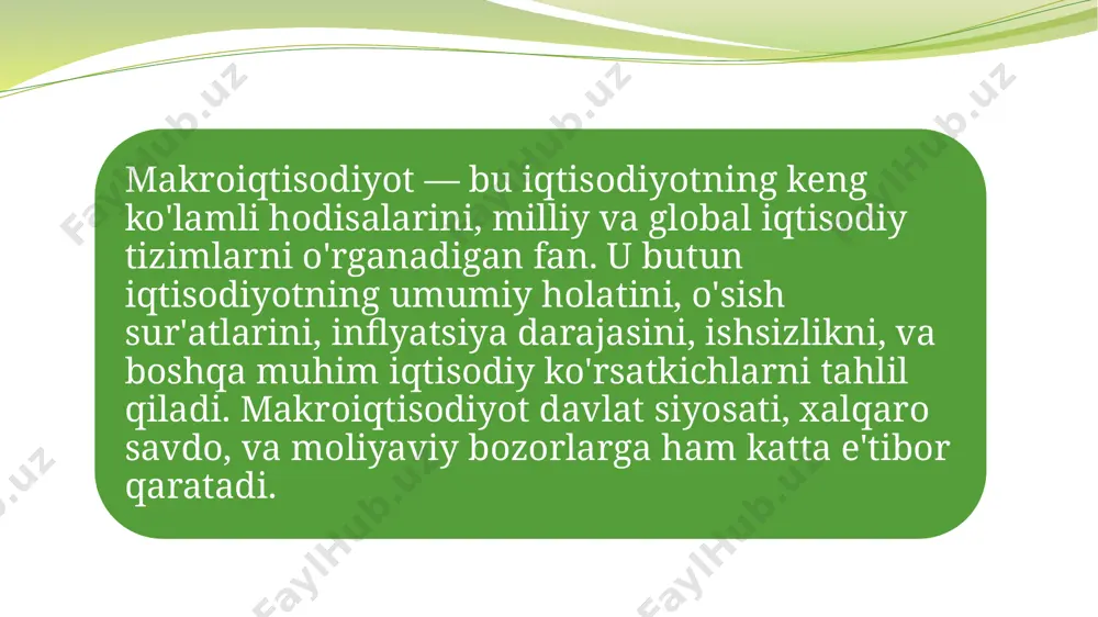 iya qilish orqali tahlil qilish imkonini beradi. ular iqtisodiy siyosatlarning turli ssenariylari bo'yicha natijalarni prognoz qilishda qo'llaniladi. hukumat siyosatining ta'siri hukumat siyosati makroiqtisodiy jarayonlarga katta ta'sir ko'rsatadi. bu usulda hukumat siyosatining iqtisodiy o'sish, inflyatsiya, ishsizlik, va boshqa iqtisodiy ko'rsatkichlarga ta'siri o'rganiladi. fiskal siyosat: fiskal siyosat hukumatning soliq va xarajat siyosati orqali iqtisodiy jarayonlarga ta'sir qilishini o'rganadi. bu siyosat iqtisodiy o'sish va barqarorlikni ta'minlashda muhim rol o'ynaydi. monetar siyosat: monetar siyosat markaziy bankning pul-kredit siyosati orqali iqtisodiy jarayonlarga ta'sir qilishini o'rganadi. bu siyosat inflyatsiya va ishsizlik darajasini nazorat qilishda muhim ahamiyatga ega. makroiqtisodiyotda tahlil usullari deskriptiv tahlil deskriptiv tahlil iqtisodiy hodisalarni tasvirlash va tushuntirishga qaratilgan. bu usul iqtisodiy ko'rsatkichlar va statistik ma'lumotlarni tahlil qilish orqali iqtisodiy jarayonlarni tushunishga yordam beradi. statistik ma'lumotlar: iqtisodiy ko'rsatkichlar (masalan, yaim, inflyatsiya darajasi, ishsizlik darajasi) haqida statistik ma'lumotlarni yig'ish va tahlil qilish. iqtisodiy hisobotlar: iqtisodiy hisobotlar va tahlillarni o'qish va tushunish. masalan, markaziy banklar va hukumat …