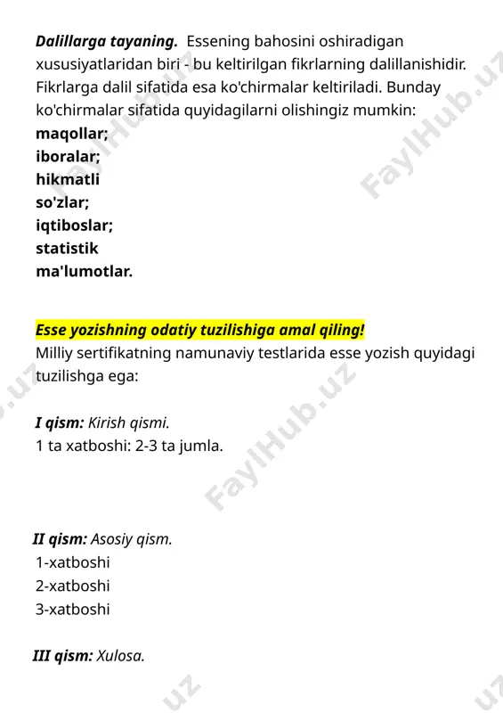 aytib o‘tilgan fikrlarni shunchaki qaytarish essening muhim va yakunlovchi qismi nuqsonli chiqib qolishiga olib keladi. qanday mashq qilish kerak? bilim, tajriba, so‘z boyligi, ifoda qobiliyati juda muhim. demak, ana shu jihatlarni yaxshilashga intilish zarur. boshqa esse va maqolalarni, kitoblarni o‘qing. ulardan o‘zingizga ma’qul, sizni ta’sirlantirgan, hayajonlantirgan o‘rinlarni alohida daftarga ko‘chirib yozing. bu matnni o‘zlashtirishingizni osonlashtiradi. biroq sifatli asarlarnigina mutolaa qilish zarur. mavzuyingizga aloqador manbalarni ko‘rib chiqing. biroq esseni fakt va ma’lumotlar guldastasiga aylantirmang. ortiqcha ma’lumot esseni zerikarli qilib qo‘yishi mumkin. fakt va raqamlar aniqligiga e’tibor bering. “olimlarning fikricha”, “o‘tkazilgan tadqiqotlarga ko‘ra” kabi iboralarni aniqroq shaklda bering. masalan, “illinoys universiteti olimlari 2020-yili o‘tkazgan tadqiqot natijalariga ko‘ra”, “yunisefning 2017-yilgi hisobotida aytilishicha” kabi jumlalar fakt va dalillarni osmondan olmaganingizni ko‘rsatadi. bunda iqtibos mavjudligi ham muhim. ko‘rsatgan manbangizda siz aytgan ma’lumot bo‘lmasa, essening qadr-qimmati albatta tushadi. esse baholanishi (24 ball) 2 1,5 1 0,5 topshiriq talablarining bajarilganligi (6 ball) esse to‘liq publististik uslubda yozilgan …
