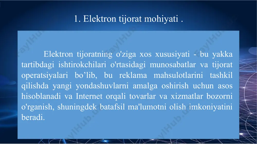 shunga o’xshash usullar). elektron to’lov texnologiyasi istagan maqsadda bankdan pul o’tkazish operatsiyasi tranzaktsiya deb nom olgan (lotinchadan transaction- kelishuv, shartnoma ma’nosini anglatadi). tranzaktsiya – bu bank kartaning egasi tomonidan ruxsat berilganda, bank kartaning egasiga xizmat ko’rsatish uchun tizim qatnashchisidan qatnashchiga uzatiladigan, tizim qatnashchilari tomonidan yaratiladigan ma’lumotlar ketma-ketligidir. tranzaktsiya quyidagi asosiy xossalarga ega: bo’linmaslik karta egasi va xizmat ko’rsatuvchilar orasidagi aloqa ishonchliligi. izolyatsiyalangan tranzaktsiyaning bo’linmasligi – ya’ni tranzaktsiya operatsiyalarini hammasini bajarish kerak yoki bitta ham operatsiya bajarish kerak emas. tranzaktsiyaning kelishilganligi – ya’ni ma’lumotlar bazasidagi kartalar, xisob raqamlari haqidagi ma’lumotlar o’zgartirilmaydi. tranzaktsiyaning izolyatsiyalanganligi – bir tranzaktsiya boshqa tranzaktsiyalarga bog’liqmasligini ko’rsatadi. tranzaktsiyaning ishonchliligi quyidagida ko’rinadi, tugallangan tranzaktsiya o’zidan so’ng tiklanishi mumkin, tugallanmagan tranzaktsiya esa bekor qilinadi elektron to’lovlarni amalga oshirish tizimi sotib oluvchi brouzer sotuvchi serveri tranzaktsiyani boshqarish shlyuz alishtirish sotuvchi banki aniqlash va xisob kitob elektron to’lov tizimi o’z ichiga quyidagi xisoblashish ko’rinishlarini oladi: bank kartalari elektron pullar raqamli pullar. elektron …