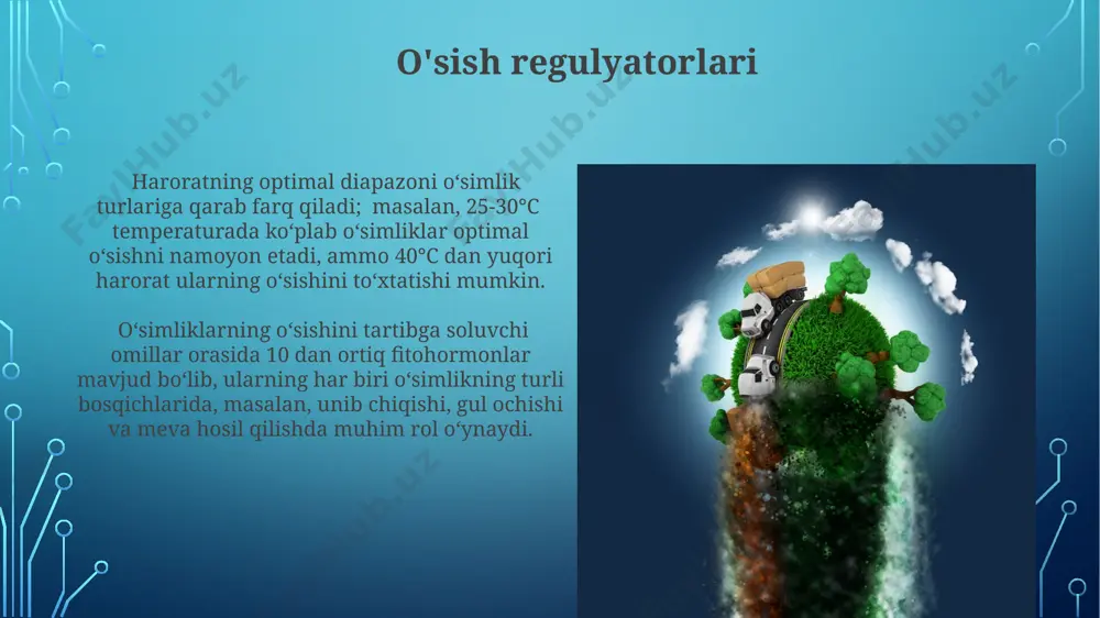 ldiz tizimining rivojlanishiga 30% gacha ta'sir ko'rsatishi mumkin. tuproq unumdorligi, ya'ni undagi azot (n), fosfor (p) va kaliy (k) miqdori o'simlikning balandligi, biomasasi va hosildorligiga bevosita ta'sir qilib, o'sish sur'atini 2-3 baravar oshirishi yoki pasaytirishi mumkin. kasalliklarning ta'siri virusli kasalliklar, masalan, mozaika viruslari, o'simliklarning fotosintez jarayonini 15-25% ga pasaytirib, o'sish sur'atini sekinlashtiradi va hosil miqdorini kamaytiradi. bakterial kasalliklar, masalan, bakterial dog'lanish, o'simliklarning suv va ozuqa moddalarini o'zlashtirish qobiliyatini buzib, o'sishini 20% gacha susaytiradi va o'limga olib kelishi mumkin. o'simliklarning moslashuvi o'simliklarning 90% dan ortig'i suv taqchilligi sharoitida yashashga moslashgan bo'lib, ularning ildiz tizimi chuqurlashadi yoki suvni saqlashga yordam beradigan maxsus to'qimalar rivojlanadi. yorug'lik intensivligi o'simliklarning fotosintez jarayoniga ta'sir qiladi; masalan, soyabon o'simliklar past yorug'lik sharoitida o'sishga moslashgan bo'lsa, geliyofitlar yuqori yorug'likni talab qiladi. ozuqa moddalarining ta'siri ozuqa moddalarining yetarli bo'lmaganligi, masalan, azot (n) miqdori 10% dan kam bo'lganda, o'simliklarning o'sishini sezilarli darajada sekinlashtiradi va xlorozga olib kelishi mumkin. fosfor (p) …