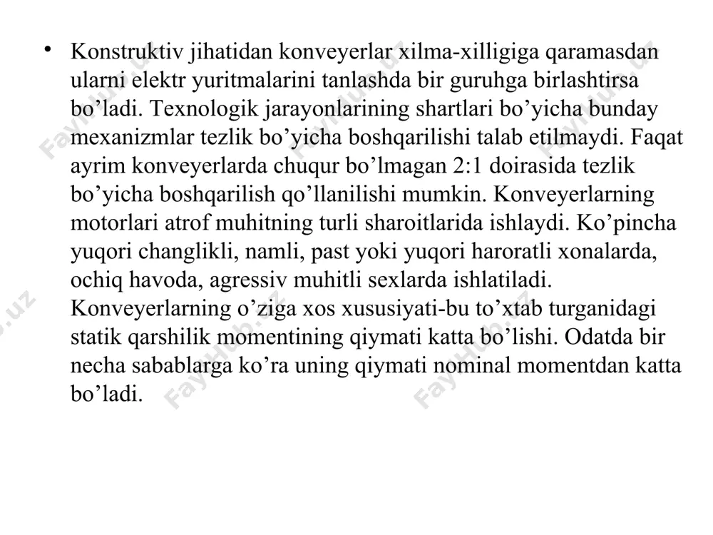 g butun uzunligi bo'ylab kuchlanishi olinadi. 1-rasim.tasmali konveyerni ishga tushirish usullari xulosa konveyeer motorini tanlashda yukning og'irligi, tezlik, moment, energiya samaradorligi va ishlash muhiti kabi bir qator omillarni hisobga olish kerak. to'g'ri motorni tanlash tizimning ishlashini samarali va uzoq muddatli qiladi. yangi konveyeer tizimlarini ishlab chiqishda yoki eski tizimlarni yangilashda, bu parametrlarni to'g'ri hisoblash va tanlash juda muhim. konveyeer motorini tanlashda to‘g‘ri qaror qabul qilish muhim ahamiyatga ega. motorning quvvati, momenti, samaradorligi, tezligi va maksimal yuk ko‘tarish qobiliyati tizimning samarali ishlashiga bevosita ta’sir qiladi. shuningdek, motorning turini, ishlash muhiti va energiya samaradorligini hisobga olish zarur. to‘g‘ri motor tanlash konveyeer tizimining uzoq muddatli, ishonchli va energiya tejamkor ishlashini ta’minlaydi.konveyeer tizimlarini loyihalashda va motorni tanlashda yuqorida keltirilgan omillarni hisobga olish, tizimning yuqori samaradorligini ta'minlash uchun zarurdir. foydalanilgan adabiyotlar 1. ibragimov u. elektr mashinalari. kasb-hunar kollejlari uchun. - т.: « 0 ‘qituvchi». 2001. 2. ковчин с. а., сабинин ю. а. теория электропривода. «энергоатомиздат». …