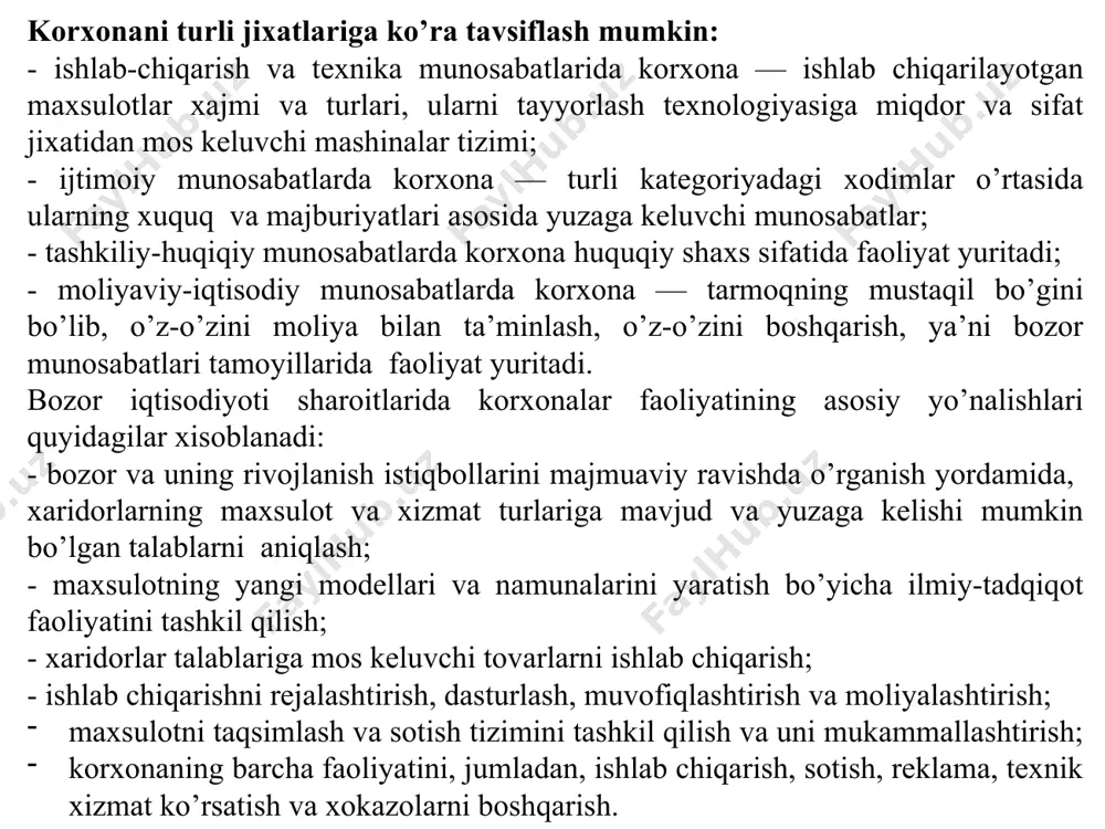 asligini nazorat qilish zarur, chunki unda biznes to’grisidagi maxfiy ma’lumotlar joy olgan bo’ladi. rejalarning xar bir turi kabi, biznes-reja xam, bo’lim va ko’rsatkichlardan iborat bo’ladi. o’ntagacha bo’limni o’z ichiga oluvchi biznes-reja mazmuni va tuzilishiga kora, eng maqbul xisoblanadi. mavjud adabiyotlarda quyidagi bo’limlarni o’z ichiga oluvchi biznes-rejalar taklif qilinadi: 1. tanlangan biznes kontseptsiyasi. 2. hozirgi paytdagi xolat (maqsad, vazifa va niyatlar). 3. tashkil qilinayotgan korxona va uning maxsulot hamda xizmatlari tavsifnomasi. 4. boshqaruv (menejment). 5. bozor tadqiqoti va taxlili. 6. marketing xarakatlari rejasi. 7. ishlab chiqarish rejasi. 8. tavakkalchilikni baxolash. 9. moliyaviy reja. 10. biznes-loyixaning samaradorligi. ishlab chiqarish samaradorligini oshirish — korxona raxbariyatining doimiy vazifasidir. bu vazifani yechish amaliyotda quyidagi omillar bilan bog’lik bo’ladi: • bozor talablariga javob beruvchi yukori sifatli maxsulot ishlab chiqarishda eng kam xarajatlar bilan ishlab chiqarishning maksimal xajmini ta’minlovchi, optimal ishlab chiqarish jarayonini tanlash; • iste’molchilar talabini qondirishga yo’naltirilgan maxsulotni sotish va yuqori daromad (foyda) olish; -aylanma …