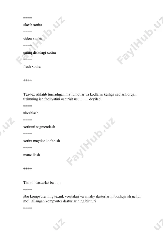 utun ishlashi davomida shaxsiy kompyuterning asosiy xotirasida doimiy ravishda joylashgan operatsion tizimning bir qismi ==== #operatsion tizim yadrosi ==== operatsion tizim qobig'i ==== fayl tizimi ==== drayverlar ++++ bios ........... joylashgan ==== #doimiy xotira qurilmasida ==== asosiy (operativ) xotirada ==== operatsion tizim yadrosida ==== ildiz katalogda ++++ fayllarga kirishni tashkil qilish uchun operatsion tizim ......... ma'lumotlarga ega bo'lishi kerak ==== #har bir fayl joylashgan klaster raqamlari haqidagi ==== disk maydoni hajmi haqidagi ==== fayl mazmuni haqidagi ==== diskdagi fayllar soni haqidagi ++++ bios nima? ==== #asosiy kiritish-chiqarish tizimi ==== o'yin dasturi ==== operatsion tizimning buyruq tili ==== dialog qobig'i ++++ fat fayl tizimida fayl atributlari qayerda saqlanadi? ==== #fayl bilan birga ==== kataloglarda ==== indeksli deskriptorlarda ==== fat jadvallarida ++++ yordamchi vazifalarni hal qilish uchun mo'ljallangan dasturiy mahsulot qanday nomlanadi? ==== #utilita ==== drayver ==== yuklovchi ==== paketli fayl ++++ qaysi jarayon klasterlarga fayllarni ketma-ket yozishga imkon beradi? ==== #defragmentatsiya …