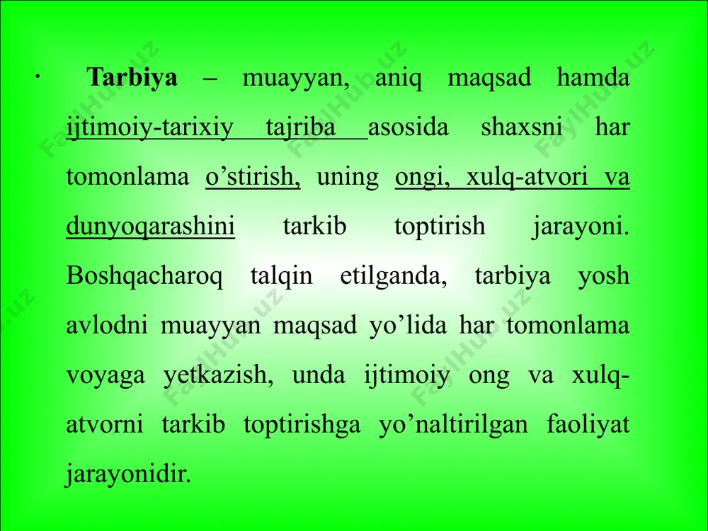 g o’zaro tarbiyaviy ta’siri, o’zaro munosabatlari hamda faol faoliyati o’rtasidagi bog’lanish; tarbiya va o’zini-o’zi tarbiyalashning intensivligi; tarbiyalanuvchining “ichki olami”ga ta’sir etishning intensivligi; tarbiyalanuvchilarda verbal jarayonlarning rivojlanish darajasi va pedagogik ta’sirni hisobga olish. tarbiya jarayoni quyidagi tamoyillar asosida boshqariladi: maqsadga qaratilganligi va g’oyaviy yo’nalganligi; tarbiyaning insonparvarlashuvi; tarbiyaning hayot, mehnat bilan bog’liqligi; tarbiyaga yaxlit(kompleks) yondashuv; jamoada tarbiyalash va jamoaga suyanib ish ko’rish; shaxsga talabchanlik bilan hurmatni birga qo’shib olib borish; o’qituvchilar, jamoat tashkilotlari va oilaning talab hamda tarbiyaviy ta’sirlarining birligi; tarbiyalanuvchining yosh va individual xususiyatlarini hisobga olish; tarbiya jarayonining tizimligigi va uzluksizligi. ta’lim muassasalaridagi tarbiyaviy ishlarning turli yo’nalishlari bilan bog’liqlikda fuqarolik, siyosiy, baynalmilal, axloqiy, estetik, mehnat, jismoniy, huquqiy, ekologik, iqtisodiy tarbiyaga bo’linadi. institutsional belgilariga bo’yicha oila, ta’lim muassasasi, ta’lim muassasasidan tashqari, diniy, bolalar, yoshlar tashkilotlaridagi tarbiya, maxsus ta’lim muassasalaridagi tarbiyaga bo’linadi. 1. tarbiya muayyan, aniq maqsad hamda ijtimoiy-tarixiy tajriba asosida shaxsni har tomonlama o’stirish, uning ongi, xulq-atvori va dunyoqarashini tarkib toptirish jarayoni …
