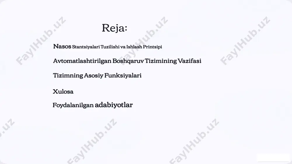 avtomatik ravishda ogohlantirish. 4 masofadan boshqarish tizimni biron-bir masofadan uzoq turib boshqarish va monitoringini qilish. 6 ma'lumotlar yig'ish va qayta ishlash sensorlar nasoslar, ventillar va boshqa qurilmalardan real vaqt ma'lumotlarini yig'adi. plc sensorlardan keladigan ma'lumotlarni tahlil qilib, tizimni boshqaradi. scada plc tomonidan yig'ilgan ma'lumotlarni yig'ib, umumlashtiradi va tahlil qiladi. analitika scada tizimi tomonidan tahlil qilingan ma'lumotlar asosida qarorlar qabul qiladi. 7 alarmlar va ogohlantirishlar tizimi tizim xatoliklari nasoslar, ventillar yoki boshqa qurilmalardagi nosozliklar haqida ogohlantirishlar. bosim darajalari suv uzatish tizimidagi bosim darajalarining nostandart holatlar haqida ogohlantirishlar. suv sarfi suv uzatish tizimidagi sarf miqdorlarining nostandart holatlar haqida ogohlantirishlar. energiya sarflanishi nasoslarning ortiqcha energiya sarflanishi haqida ogohlantirishlar. 8 masofadan boshqarish imkoniyatlari monitioring barcha nasoslar, ventillar va boshqa qurilmalarning holatini real vaqt rejimida kuzatish. boshqarish nasoslar, ventillar va boshqa qurilmalarni har qanday joydan turib boshqarish. optimizatsiya tizim parametrlarini analiz qilib, samaradorlikni oshirish yechimlarini qabul qilish. 9 energiya samaradorligini oshirish 1 energiya boshqaruvi avtomatlashtirilgan …
