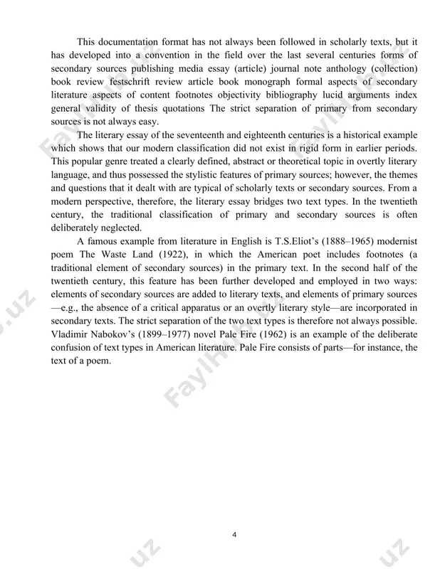 scholarly books published by university presses belong to this group. in terms of content, secondary literature tries to uphold those standards of scholarly practice which have, over time, been established for scientific discourse, including objectivity, documentation of sources, and general validity. it is vital for any reader to be able to check and follow the arguments, results, and statements of literary criticism. as the interpretation of texts always contains subjective traits, objective criteria or the general validity of the thesis can only be applied or maintained to a certain degree. this can be seen as the main difference between literary criticism and the natural sciences. at the same time, it is the basis for the tremendous creative potential of this academic field. with changes of perspective and varying methodological approaches, new results in the interpretation of texts can be suggested. as far as documentation of sources is concerned, however, the …