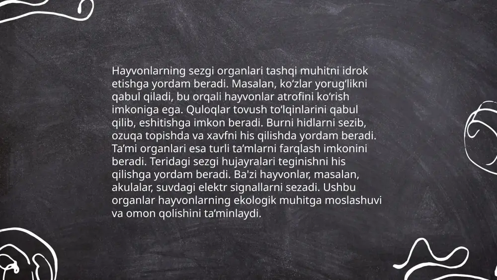 iyatiga ega. delfinlar o'zaro aloqa qilish uchun murakkab tovushlar tizimidan foydalanadi. qushlarning ba'zi turlari, masalan, shtirg'alarni yashirish va keyinchalik topish qobiliyatiga ega. ilmiy tadqiqotlar shuni ko'rsatadiki, hayvonlar o'z tajribalaridan o'rganish va kelajak uchun qarorlar qabul qilish qobiliyatiga ega. hayvonlar psixik faoliyatining umumiy tavsifi abdullayeva shaxzoda e'tiboringiz uchun raxmat! image1.png image2.png image3.png image4.png image5.png image6.png image7.png /docprops/thumbnail.jpeg