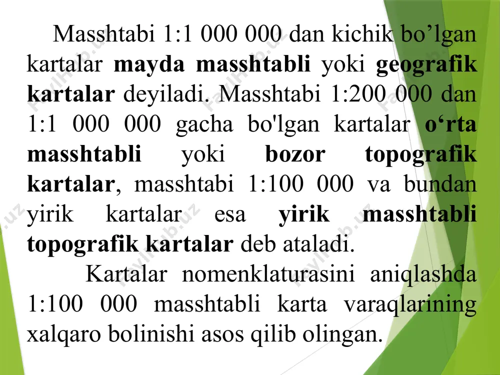 qlari to ‘g‘ri keladi (6- a shakl). ularning nomenklaturasi qavs ichiga yozilgan varaq raqami 1:100 000 karta nomenklaturasiga qo‘shib yoziladi, masalan, k—42—104—(86) (7- shakl). 7- shakl 6- a-shakl bitta 1:5 000 masshtabdagi plan varag‘iga 9 ta 1:2 000 m asshtabdagi plan varaqlari to‘g‘ri keladi. ular kirilcha yozma harflar а, б, в, г, д , e, ж, з, и bilan belgilanadi. shunda 1:2 000 masshtab varag‘i nomenklaturasi, masalan, k —42—104—(86—д) ko‘rinishda yoziladi (3.10- shakl). quyidagi 1- jadvalda 1:1 000 000 dan 1:2 000 gacha masshtablardagi karta va planlar nomenklaturasi va ular ramkalarining o'lchamlari berilgan. 1- jadval 1- jadvalning davomi nаzоrаt sаvоllаri: 1. masshtab deb nimaga aytiladi? 2. bosh va xususiy masshtab deb nimaga aytiladi? 3. masshtabning turlari? 4. kartalarda bosh va xususiy masshtabning bir-biridan farqi nima? e’tiboringiz uchun rahmat! image1.gif image2.gif image3.png image4.png image5.png image6.png image7.png image8.png image9.png image10.png image11.png image12.jpeg /docprops/thumbnail.jpeg
