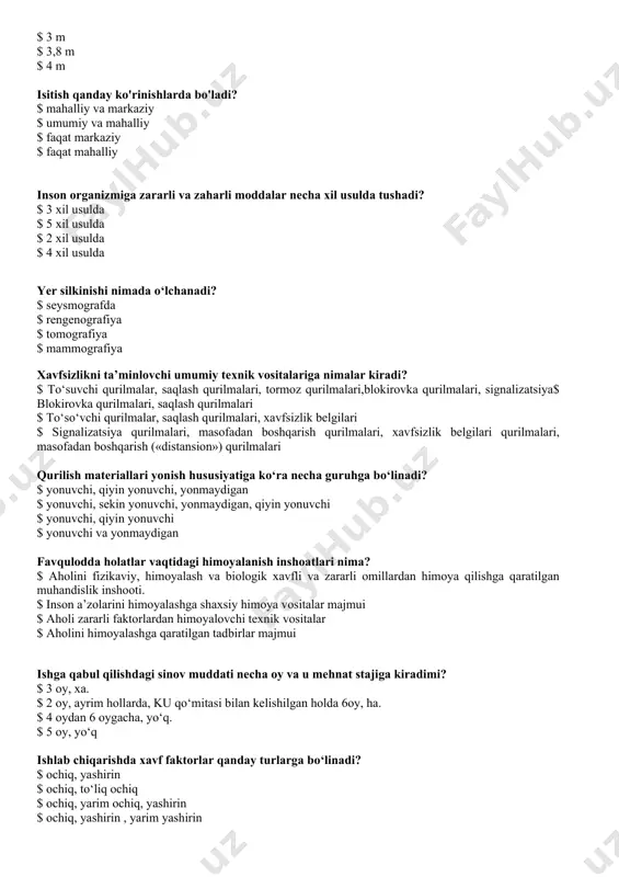 ? $ yonuvchi, qiyin yonuvchi, yonmaydigan $ yonuvchi, sekin yonuvchi, yonmaydigan, qiyin yonuvchi $ yonuvchi, qiyin yonuvchi $ yonuvchi va yonmaydigan favqulodda holatlar vaqtidagi himoyalanish inshoatlari nima? $ aholini fizikaviy, himoyalash va biologik xavfli va zararli omillardan himoya qilishga qaratilgan muhandislik inshooti. $ inson a’zolarini himoyalashga shaxsiy himoya vositalar majmui $ aholi zararli faktorlardan himoyalovchi texnik vositalar $ aholini himoyalashga qaratilgan tadbirlar majmui ishga qabul qilishdagi sinov muddati necha oy va u mehnat stajiga kiradimi? $ 3 oy, xa. $ 2 oy, ayrim hollarda, ku qо‘mitasi bilan kelishilgan holda 6oy, ha. $ 4 oydan 6 oygacha, yо‘q. $ 5 oy, yо‘q ishlab chiqarishda xavf faktorlar qanday turlarga bо‘linadi? $ ochiq, yashirin $ ochiq, tо‘liq ochiq $ ochiq, yarim ochiq, yashirin $ ochiq, yashirin , yarim yashirin lokal fvlarning oqibatlari qanday tartibda bartaraf etiladi? $ obyektning kuch va vositalari jalb etilgan holda. $ mahalliy hokimiyatning kuch vositalari orqali. $ respublika budjeti …