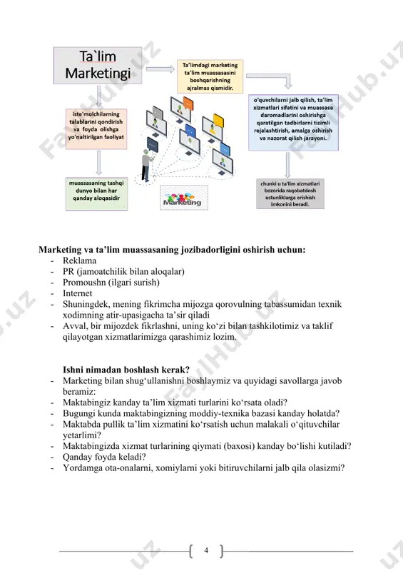 imcha haqni moliyalashtirish uchun ajratilgan mablag‘larning moliya yili yakuniga qadar ishlatilmay qolgan budjet mablag‘lari; xalqaro moliya tashkilotlari va xorijiy davlatlarning grantlari va texnik ko‘maklashish mablag‘lari; qonunchilik hujjatlari bilan ta’qiqlanmagan boshqa mablag‘lar. umumiy o‘rta ta’lim muassasalarida pullik ta’lim xizmatlarini ko‘rsatish tartibi to‘g‘risida nizomga ko‘ra maktablarda pullik ta`lim xizmatlarini yo‘lga qo‘yish holatlari bog‘liq muammolar, ularning yechimi… umumiy o‘rta ta’lim muassasalari quyidagi yo‘nalishlar boyicha maktab imkoniyatlaridan kelib chiqqan holda pullik ta`lim yo‘nalishlarini tashkil etishlari mumkin. buyurtmachilar tomonidan kelib tushadigan mablag‘lar (lekin 50 foizidan kam bo‘lmagan miqdori) o‘qituvchilarga haq to‘lashga yo‘naltirilishi mumkin. bunda qonunchilikda belgilangan soliqlar va yig‘imlar mazkur summadan chegirib olinadi pullik ta’lim xizmatlari ko‘rsatish to‘g‘risidagi shartnoma bo‘yicha to‘lovlar belgilangan tartibda banklar orqali maktabning o‘zbekiston respublikasi moliya vazirligining tegishli g‘aznachilik bo‘limlarida ochilgan shaxsiy g‘aznachilik hisobvaraqlariga naqd pul yoki pul o‘tkazish yo‘li bilan amalga oshiriladi. pullik ta’lim xizmatlari ko‘rsatuvchi maktab: mashg‘ulotlarni maktabdan tashqari davlat ta’lim standarti, pullik ta’lim xizmatlari ko‘rsatish doirasida o‘quv rejasi va …