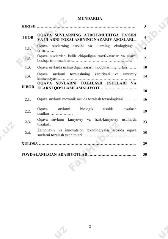 iy va texnologik rivojlanish sharoitida nihoyatda dolzarb masalalardan biri bo‘lib qolmoqda. kurs ishining maqsadi: ushbu kurs ishining maqsadi – oqava suvlardan tozalash usullarini o‘rganish, ularning turlari, ishlash prinsiplari va samaradorligini tahlil qilishdan iborat. oqava suvlardagi ifloslantiruvchi moddalar xususiyatlari va ularni yo‘qotishga qaratilgan biologik, mexanik va kimyoviy tozalash usullari keng ko‘lamda ko‘rib chiqiladi. shuningdek, zamonaviy innovatsion texnologiyalar asosida suvni qayta ishlash imkoniyatlari, ekologik xavfsizlikni ta'minlashdagi roli va amaliy misollar orqali ularning samaradorligi o‘rganiladi. kurs ishining obyekti: kurs ishining obyekti sifatida turli manbalardan keladigan oqava suvlardan tozalash tizimlari va usullari olinadi. tozalash usullarining ekologik samaradorligi, amaliy qo‘llanish sohalari, texnik-texnologik jihatlari hamda ularning jamiyat va tabiatga ta’siri tahlil qilinadi. obyekt doirasida oqava suvlarni mexanik, biologik, fizik-kimyoviy usullar orqali tozalash texnologiyalari, ularning ustun va zaif jihatlari, shuningdek, ilg‘or xorijiy tajribalar asosida ishlab chiqilgan zamonaviy usullar ham ko‘rib chiqiladi. tozalash jarayonidagi texnik vositalar, filtrlash tizimlari, aeratsiya va dezinfeksiyalash jarayonlari asosiy tahlil obyekti sifatida o‘rganiladi. i …