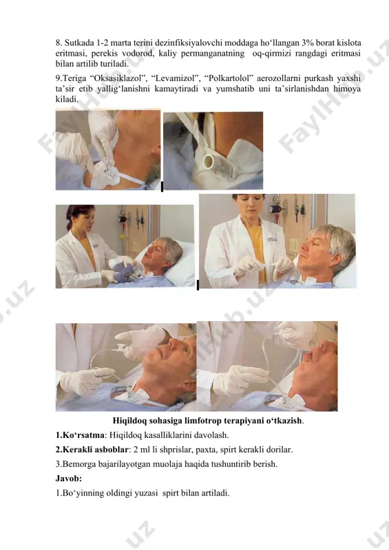 alliklarini davolash. 2.kerakli asboblar: 2 ml li shprislar, paxta, spirt kerakli dorilar. 3.bemorga bajarilayotgan muolaja haqida tushuntirib berish. javob: 1.bo‘yinning oldingi yuzasi spirt bilan artiladi. 2.shprisga 1 ml laziks va 0,5 % li novokain eritmalari olinib, tog‘ayning o‘ng yoki chap qalqonsimon soxasiga teri ichiga yuboriladi. 3.o‘n besh daqiqadan so‘ng shu sohada 1ml gidrokartizon suspenziyasi yoki prednizalon eritmasi teri ichiga yuboriladi 4.yana 15 daqiqa o‘tgach, shu sohaga bemor qabul qilayotgan antibiotik 150.000 – 200.000 yed mikdorda teri ichiga yuboriladi. 5.hikildoq sohasiga 20-30 % li dimeksid eritmasi bilan kompress qo‘yiladi. image6.jpeg image7.jpeg image1.jpeg image2.jpeg image3.jpeg image4.jpeg image5.jpeg