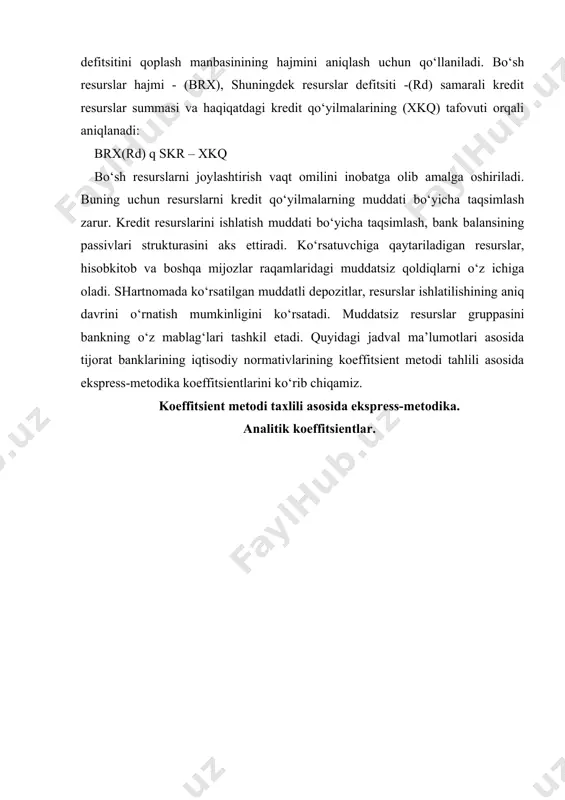 ing passivlari bo‘yicha to‘layotgan foiz darajasidan tashkil topadi. umumiy tayanch foiz stavkasi - (ubfs) quyidagi formula orqali aniqlanadi: ptfs - passivlar turiga qarab foiz stavkalar. srq - samarali resurs qimati. umumiy tayanch foiz stavkasi analitik maqsadga ega bo‘lib, kredit takliflari paketini baholash uchun ishlatiladi. aniq ssudalar berishni echishda kreditning bazaviy narhi - (kbn) ko‘rsatkichini ishlatish kerak. u vaqt faktorini inobatga olib o‘rnatiladi va ssudani ishlatish davri - (t) deb belgilanadi. kreditning aniq narhini aniqlash uchun tayanch narhga marja o‘o‘shiladi. uning hajmini hisoblash asosida minimal kerakli daromad hajmi yotadi - (mdh). u bankning harajatlar summasi -(bx) va minimal kerakli foyda summasi - (mf) bilan aniqladi. xarajatlar, bank faoliyati uchun sarflar: kredit resurslar uchun to‘lovlar, ishchi-hizmatchilarning maoshlari, arenda to‘lovi, bino va inshoot uchun amortizatsiya, xo‘jalik-operatsion va boshqa sarflar orqali aniqlanadi. buning uchun alohida metodikadan foydalanish shart emas. foyda summasini hisoblash asosida o‘z kapitaliga to‘g‘ri keladigan daromad summasi yotadi. uning darajasi passivlar bo‘yicha …