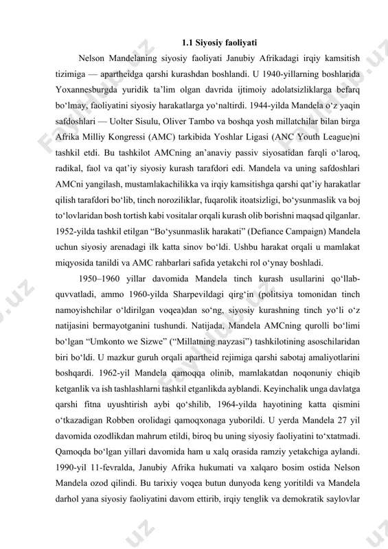 altirdi. 1944-yilda mandela o‘z yaqin safdoshlari — uolter sisulu, oliver tambo va boshqa yosh millatchilar bilan birga afrika milliy kongressi (amc) tarkibida yoshlar ligasi (anc youth league)ni tashkil etdi. bu tashkilot amcning an’anaviy passiv siyosatidan farqli o‘laroq, radikal, faol va qat’iy siyosiy kurash tarafdori edi. mandela va uning safdoshlari amcni yangilash, mustamlakachilikka va irqiy kamsitishga qarshi qat’iy harakatlar qilish tarafdori bo‘lib, tinch noroziliklar, fuqarolik itoatsizligi, bo‘ysunmaslik va boj to‘lovlaridan bosh tortish kabi vositalar orqali kurash olib borishni maqsad qilganlar. 1952-yilda tashkil etilgan “bo‘ysunmaslik harakati” (defiance campaign) mandela uchun siyosiy arenadagi ilk katta sinov bo‘ldi. ushbu harakat orqali u mamlakat miqyosida tanildi va amc rahbarlari safida yetakchi rol o‘ynay boshladi. 1950–1960 yillar davomida mandela tinch kurash usullarini qo‘llab-quvvatladi, ammo 1960-yilda sharpevildagi qirg‘in (politsiya tomonidan tinch namoyishchilar o‘ldirilgan voqea)dan so‘ng, siyosiy kurashning tinch yo‘li o‘z natijasini bermayotganini tushundi. natijada, mandela amcning qurolli bo‘limi bo‘lgan “umkonto we sizwe” (“millatning nayzasi”) tashkilotining asoschilaridan biri …