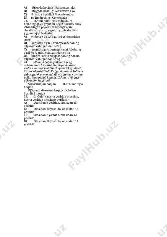 oirlarning sultonidir» fikr kim haqida ekanligini aniqlang. 1. yassaviy b) atoyi c) navoiy d) islom karimov 27. kitob orqali, adabiy asarlarni o'qib-o'rganish tufayli orttirilgan bebaho boylik bu… 1. ma’naviy boylik b) ma’rifiy boylik c) ma’naviyat va ma’rifat d) ijodkorlik 28. «agar biz o'zbekistonimizni dunyoga tarannum etmoqchi, uning qadimiy tarixi va yorug' kelajagini ulug'lamoqchi, uni avlodlar xotirasida boqiy saqlamoqchi bo'lsak, avvalambor buyuk…ni, buyuk …ni, buyuk ijodkorlarni tarbiyalashimiz kerak tushib qolgan so’zlar qaysi bandda to’g’ri ko’rsatilgan. 1. yoshlarni avlodlarni b) jurnalistlarni, suxandonlarni c) shoirlarni , yozuvchilarni d) yozuvchi , shoirlarni 29. «adabiyot yashasa - millat yashaydi» ushbu fikr mauallifi kim? 1. i. karimov b) a. qahhor c) oybek d) cho’lpon 30. yozuvchi abdulla qahhor «adabiyot - atomdan kuchli, lekin uning kuchini…» degan fikrining davomi qaysi bandda berilgan? 1. uning kuchini she’r yzishga sarflash kerak 1. о'tin yorishga sarflamaslik kerak 1. o’tin yorishga sarflash kerak 1. uning kuchini hikoya drama yozishga sarflash kerak …