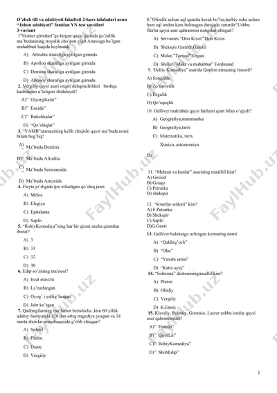 "jahon adabiyoti" fanidan yn test savollari — DOCX