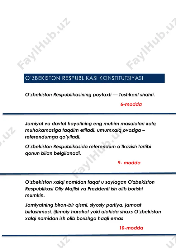 modda o’zbekiston respublikasining fuqarolari jamiyat va davlat ishlarini boshqarishda bevosita hamda o’z vakillari orqali ishtirok etish huquqiga egadir. bunday ishtirok etish o’zini- o’zi boshqarish, referendumlar o’tkazish va davlat organlarini demokratik tarzda shakllantirish, shuningdek davlat organlarining faoliyati ustidan jamoatchilik nazorati vositasida amalga oshiriladi. davlat organlarining faoliyati ustidan jamoatchilik nazoratini amalga oshirish tartibi qonun bilan belgilanadi. 36-modda har kim munosib mehnat qilish, kasb va faoliyat turini erkin tanlash, xavfsizlik va gigiyena talablariga javob beradigan qulay mehnat sharoitlarida ishlash, mehnati uchun hech qanday kamsitishlarsiz hamda mehnatga haq to‘lashning belgilangan eng kam miqdoridan kam bo‘lmagan tarzda adolatli haq olish, shuningdek ishsizlikdan qonunda belgilangan tartibda himoyalanish huquqiga ega. mehnatga haq to‘lashning eng kam miqdori insonning munosib turmush darajasini ta’minlash zarurati hisobga olingan holda belgilanadi. homiladorligi yoki bolasi borligi sababli ayollarni ishga qabul qilishni rad etish, ishdan bo‘shatish va ularning ish haqini kamaytirish taqiqlanadi. 42-modda o‘zbekiston respublikasini himoya qilish o‘zbekiston respublikasi har bir fuqarosining burchidir. fuqarolar …