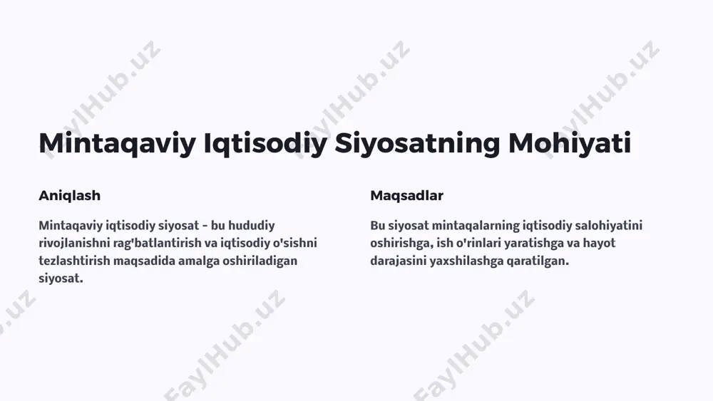 ishlari sanoatni rivojlantirish iqtisodiy o'sishni tezlashtirish va ish o'rinlari yaratish uchun sanoatni rivojlantirish. qishloq xo'jaligini rivojlantirish oziq-ovqat xavfsizligini ta'minlash va qishloq xo'jaligini zamonaviylashtirish. turizmni rivojlantirish turizmni rivojlantirish orqali iqtisodiy o'sishni tezlashtirish va ish o'rinlari yaratish. infrtuzilmani rivojlantirish transport, energiya va kommunikatsiya sohalarini rivojlantirish. mintaqaviy iqtisodiy siyosatda davlat rolinng ahamiyati 1 siyosatni shakllantirish davlat iqtisodiy siyosatni shakllantirish va amalga oshirish uchun mas'ul. 2 resurslarni taqsimlash davlat mintaqalarni rivojlantirish uchun resurslarni taqsimlashda muhim rol o'ynaydi. 3 rag'batlantirish davlat investorlarni jalb qilish va biznesni rivojlantirish uchun turli xil rag'batlantirish choralari bilan ta'minlaydi. 4 nazorat davlat iqtisodiy siyosatning amalga oshirilishi ustidan nazorat qilishni amalga oshiradi. mintaqaviy iqtisodiy siyosatda mahalliy hokimiyat rolinng ahamiyati hududiy xususiyatlarni hisobga olish mahalliy hokimiyat mintaqaning o'ziga xos xususiyatlarini hisobga olib, iqtisodiy siyosatni amalga oshiradi. mahalliy muammolarni hal qilish mahalliy hokimiyat mintaqadagi muammolarni hal qilish uchun o'z vakolatlaridan foydalanadi. aholi bilan hamkorlik mahalliy hokimiyat aholi bilan hamkorlikda mintaqani rivojlantirish strategiyasini ishlab …