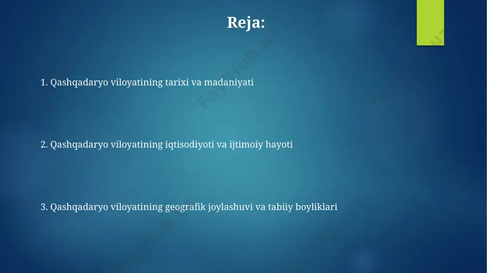 идан ортиқ бўлиб, вилоятнинг марказий ва воҳа ҳудудларида, масалан, қарши шаҳри ва чироқчи туманида юқорироқ кўрсаткичлар кузатилган. 2010-2020 йиллар оралиғида қашқадарё вилояти аҳолиси 2 миллион кишидан ортиқ бўлиб, йиллик ўсиш суръати ўзбекистон республикасининг ўртача кўрсаткичидан бироз юқорироқ бўлган. бу асосан табиий ўсиш ҳисобига амалга ошган. qashqadaryo viloyatining sayyohlarga taklif etadiganlari қашқадарё вилоятида 2000 йилдан ортиқ тарихига эга, 30 дан ортиқ археологик ёдгорликларга бой китоб шаҳри ва унинг атрофидаги кўҳна қалъаларни зиёрат қилиш имконияти мавжуд. қашқадарё вилоятидаги миллий парк ва 1000 дан ортиқ ўсимлик турига бой табиий манзаралар экотуризмни ривожлантириш учун ажойиб шароит яратади. qashqadaryo viloyatining infratuzilmasi вилоятдаги 12 та туманнинг ҳар бирида камида 2 та замонавий тиббиёт муассасаси фаолият юритади, жами 35 тадан ортиқ шифохона ва поликлиникалар аҳолига хизмат кўрсатади, уларнинг аксарияти замонавий тиббиёт ускуналари билан жиҳозланган. қашқадарё вилоятидаги ичимлик суви таъминоти тизимини яхшилаш бўйича амалга оширилаётган ишлар натижасида, 2024 йилгача 500 мингга яқин аҳоли тоза ичимлик суви билан таъминланади, …