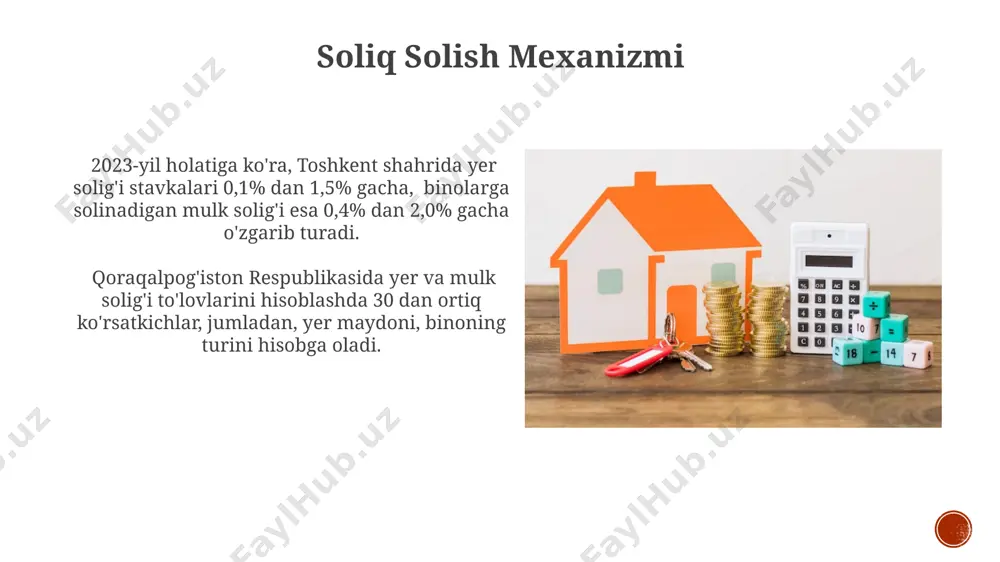 ва фермер хўжаликлари учун имтиёзларни 10% га ошириш кўзда тутилган. yer solig'i va mulkiy soliq: umumiy ma'lumot qoraqalpog'iston respublikasida mulkiy soliq to'lovlari samarqand viloyatiga nisbatan 15-20% ga pastroq bo'lib, bu hududiy farqlarni aks ettiradi va o'rtacha yillik to'lov 50.000 so'm atrofida. o'zbekiston respublikasida 2022 yilda jami 10 million dan ortiq mulk ob'ektlariga mulkiy soliq solingan bo'lib, bu umumiy davlat byudjetiga katta hissa qo'shgan. korrupsiya va soliq surxondaryo viloyatida 2022-yilda yer solig'i bo'yicha 30 million so'm miqdorida pora berish holati fosh etilgan bo'lib, bu yer uchastkalarini noqonuniy tasarruf etish bilan bog'liq edi. o'zbekiston respublikasining "korruptsiyaga qarshi kurash" qonuniga asosan, soliq sohasidagi korruptsiya uchun 5 yildan 10 yilgacha ozodlikdan mahrum qilish jazosi belgilab qo'yilgan. e'tiboringiz uchun rahmat @taqdimot_robot image4.jpg image5.jpg image6.jpg image7.jpg image8.jpg image9.jpg image10.jpg image11.jpg image12.jpg image13.jpg image14.jpg image15.jpg image16.jpg image17.jpg image18.jpg image19.jpg image20.jpg image1.png image2.png image3.png