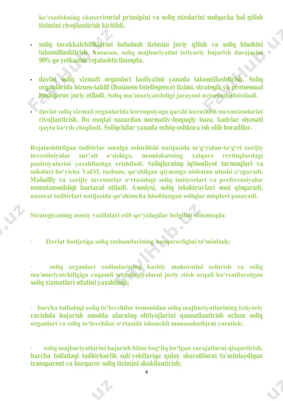 arini hisobga olgan holda, eksport-import operatsiyalarining mutanosibligini ta’minlash tadbirkorlik faoliyatini jadal rivojlantirish, investitsiya va eksport salohiyatini oshirish, aholining turmush sharoiti va sifatini yaxshilashning eng muhim shartlari hisoblanadi. 6 shu bilan birga, bojxona nazorati va rasmiylashtiruvining murakkab tartib- taomillari va uzoq muddatlari, bojxona organlari xodimlari o‘rtasidagi korrupsiyaviy huquqbuzarlik va xizmat vakolatlarini suiiste’mol qilish holatlarining saqlanib qolayotganligi islohotlarning to‘liq amalga oshirilishiga to‘sqinlik qilmoqda. bundan tashqari, tashqi savdo operatsiyalarini monitoring qilish sohasida idoralararo va xalqaro hamkorlikning sust tashkil etilganligi kontrabanda va kontrafakt mahsulotlarni olib kirishning oldini olish vazifalarini samarali bajarish, bojxona to‘lovlarini to‘lashdan bo‘yin tovlash sxemalarini aniqlash imkonini bermayapti. o‘zbekiston respublikasi prezidentining farmoni:umume’tirof etilgan xalqaro norma va standartlar asosida bojxona organlari faoliyatini hamda bojxona ma’muriyatchiligini tubdan takomillashtirish, tadbirkorlik va turizmni faol va jadal rivojlantirish uchun qulay shart-sharoitlar yaratish maqsadida: 1. talon-toroj qilish, mansab vakolatini suiiste’mol qilish va boshqa jinoyatlarni sodir etganlik uchun bojxona organlarining mansabdor shaxslariga nisbatan prokuratura organlari tomonidan jinoyat ishlari qo‘zg‘atilganligi …