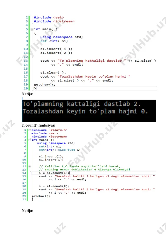 lardan bittasini qoldirib, qolganlarini o‘chiradigan dastur tuzing. 9. x to‘plamning tub qiymatlaridan d to‘plamni tashkil eting 10. x to‘plamning bir xil qiymatlilarini o‘chiruvchi dastur tuzing. 11. x va y ikkita to‘plam berilgan. x va y to‘plamlarining musbat qiymatlilaridan z to‘plamni tashkil etuvchi dastur tuzing. 12. x to‘plam berilgan. x to‘plamdagi manfiy qiymatlarni z to‘plamga ko‘chirib yozing. 13. x to‘plam b erilgan. x to‘plamdagi 6 xonali qiymatlarni raqamlari yig‘indisini z to‘plamga yozing. 14. x to‘plam berilgan. x to‘plamdagi butun tipli qiymatlarni z to‘plamga, haqiqiy tipli qiymatlari y to‘plamga yozuvchi va ularni ekranga chiqaruvchi dastur tuzing. 15. x to‘plam berilgan. x to‘plamdagi qiymatlarni ixtiyoriy beringan m sonidan kattalarini z to‘plamga yozuvchi va ularni ekranga chiqaruvchi dastur tuzing. 16. x to‘plam berilgan. x to‘plamdagi qiymatlarni ixtiyoriy beringan m sonidan kichiklarini d to‘plamga yozuvchi va ularni ekranga chiqaruvchi dastur tuzing 2-topshiriq berilgan vazifalarni bajarishda kiruvchi qiymatlar matinli fayldan o’qib olinishi kerak. 1- jadval 1 …