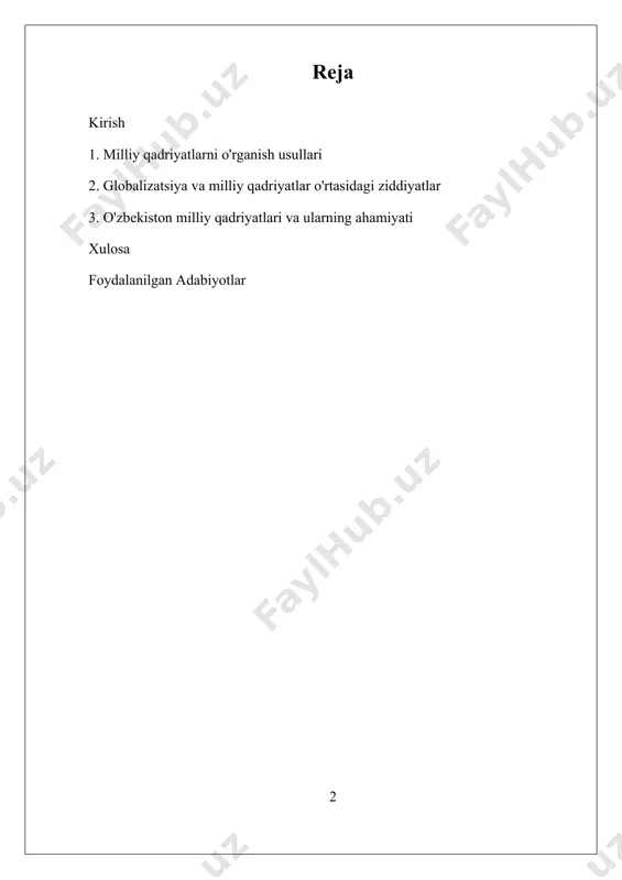 radi. milliy identitet, madaniy meros, etik prinsiplar va ijtimoiy birlashuv kabi asosiy tushunchalar milliy qadriyatlar bilan bog'liqdir. milliy identitet shaxsni millatga mansublik hissi bilan bog'laydi, madaniy meros esa avloddan avlodga o'tib keladigan jismoniy va nojismoniy merosni anglatadi. etik prinsiplar esa jamiyat ichidagi xulq-atvorni boshqaruvchi normativ ko'rsatmalardir. ijtimoiy birlashuv esa jamiyat a'zolarini bir-biriga bog'laydigan aloqalarni ifodalaydi. milliy qadriyatlarni tushunish bir qancha sabablarga ko'ra muhimdir. i. milliy qadriyatlarni o'rganish usullari milliy qadriyatlarni o'rganish usullari, milliy qadriyatlarni to'g'ri anglash va ularga asoslangan tadqiqotlarni amalga oshirish uchun muhimdir. ushbu usullar bir necha asosiy yo'nalishlarni o'z ichiga oladi, jumladan, sifatli va miqdoriy tadqiqot usullari, tarixiy tahlil, madaniy antropologiya, so'rovlar va intervyular orqali olingan ma'lumotlar, shuningdek, etnografik tadqiqotlar. har bir usulning o'ziga xos afzalliklari va kamchiliklari bor, shuning uchun ularni birgalikda qo'llash ko'proq muvofiqdir. sifatli tadqiqot usullari milliy qadriyatlarni chuqur tahlil qilish uchun zarurdir. bunga intervyular, fokus-guruhlar va etnografik kuzatishlar kiradi. intervyular orqali tadqiqotchilar odamlarning shaxsiy …