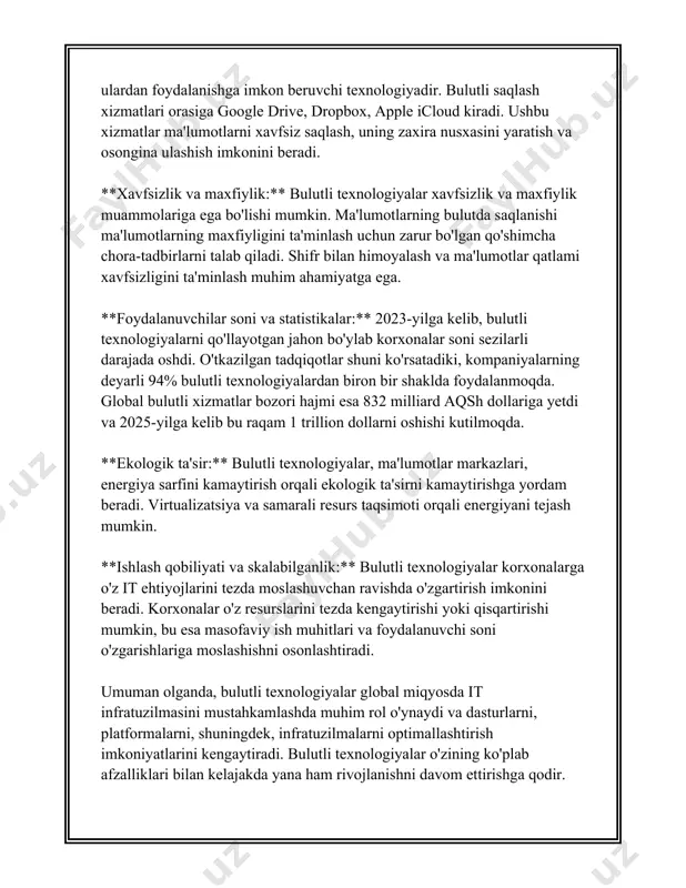 iliga kelib korxonalarning qariyb 94% o‘z xizmatlarida bir yoki bir nechta bulutli xizmatdan foydalanmoqda. bulutli xizmatlardan foydalanish orqali korxonalar it xarajatlarini 30% ga qisqartirish imkoniyatiga ega bo‘lganlar. taqdimot dasturlari hozirda asosan bulut orqali xizmat ko‘rsatadi. microsoft powerpoint, google slides va prezi kabi dasturlar taqdimot yaratishda keng qo‘llaniladi. google slides bulutga asoslangan platforma bo‘lib, foydalanuvchilarga har qanday joydan va har qanday qurilmadan taqdimotlarni yaratish va tahrirlash imkonini beradi. prezi esa o‘zining dinamik va interaktiv prezentatsiyalari bilan mashhur bo‘lib, foydalanuvchilar soni 2023 yilida 100 milliondan oshgan. statistik ma'lumotlarga ko‘ra, microsoft powerpoint hali ham eng ommalashgan taqdimot dasturi hisoblanib, unda yaratilgan taqdimotlarning global bozor ulushi 60% ni tashkil etadi. google slides esa 2023 yilida taqdimot dasturlari bozorining 25% ulushiga ega bo‘ldi. prezi esa o‘z noyob va innovatsion yondashuvi tufayli marketing va kreativ sohalarida keng qo‘llaniladi. bulutli texnologiyalar va taqdimot dasturlari birgalikda ishlashni, hamkorlikni rivojlantirishni hamda taqdimot jarayonini sezilarli darajada osonlashtirish imkonini beradi. bu …