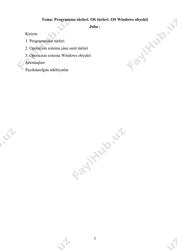 orınlanıwın basqarıw (protsessor waqtın bólistiriw, programmalardı diskten operativ yadqa júklew, jasırın qáwipli tásirdi tutıp alıw hám hám basqalar). 1.programmalar túrleri kompyuterde hár qıylı túrdegi maǵlıwmatlar saklanadi. olar menen islew ushın biz hár qıylı arnawlı programmalar menen paydalanıwımız zárúr, sebebi kompyuter uzi xesh kanaka háreketler atqarmaydı ol fakat biziń buyrıqlerimizdi hám kórsetpelerimizdi atqaradı. buyrıqlar hám kórsetpelar izbe-izligi bolsa programma dep ataladı. programmalar 3 túrge bulinadi: 1) sistema dasturler turi. sistema programmalar bul kompyuter jumısın basqarıwshı hám hár qıylı járdemshi ámellerdi orınlawshı programmalar. mısalı : fayllar ústinen hár qıylı ámeller orınlaw (kayta ataw, jaratıw, ushırıw, nusqasın alıw, kolemin ózgertiw), diksni tazalaw hám tekseriw, kompyuterdi sazlaw ( tashki qurılmalar jumısın boshkarish). sistema programmalar ishinde 4 programmalar gruppaları ajıratılıp turadı. bular : operacion sistemalar (sistemalar), utilita programmalar, drayver programmalar hám programma qaplamalar. usılardan operacion sistemalar programmalar gruppası kútá úlken axamiyatga iye. bul programmalar kompyuter jumısın basqaradı, hár qıylı programmalardı kompyuter yadına júkleydi hám atqaradı, …
