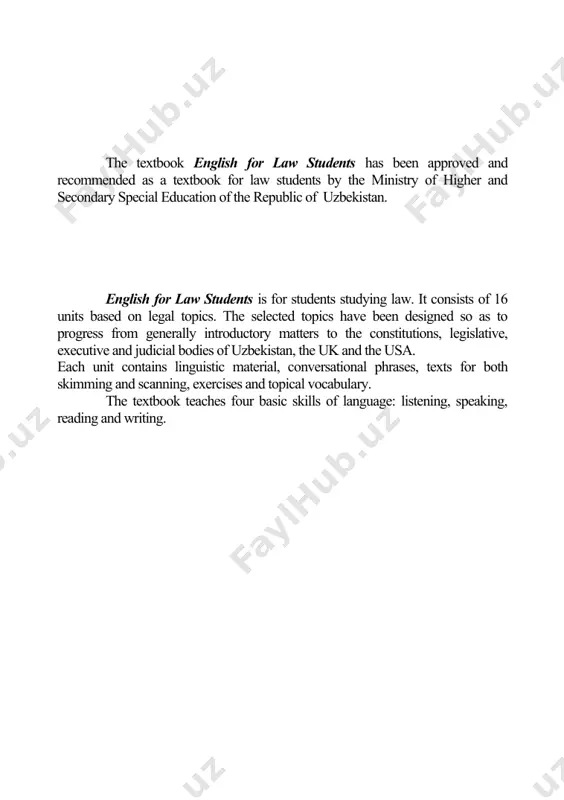 ve study of the native country of the students with the uk and the usa, their legislative, executive and judicial bodies which motivates the learners to speak and to read. the book english for law students has been produced using english-language texts compiled by the author or taken from various published sources. for each text the writer or source is identified. the texts have been selected to reflect a wide range of subject matter and a wide range of styles in english. english for law students teaches four basic skills of language: listening, speaking, reading and writing. each unit contains linguistic material, conversational phrases and texts. linguistic material: phonetic drills are aimed at improving pronunciation skills of the students. in this section peculiar features of english vowels are designed to be taught as they cause more difficulties than other phonetic phenomenon. vocabulary section includes two groups of lexicon – topical …