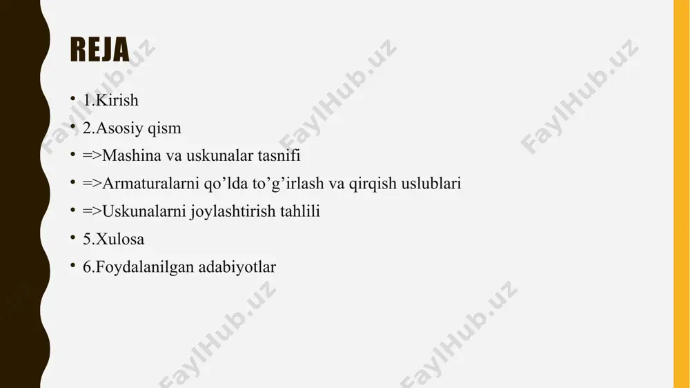 iborat (222– rasm): to‘plamchi (1), kuchlanish shkafi (2), vaqtni ishga tushiradigan sezgir asbob (3), transformator (4), osma mashinalar (5), yakka rels (6), to‘sinli kran (7), stol (8), ko‘p nuqtali tutashtiruvchi payvandlash mashinasi (9), g‘ildirakli stollar (10), armatura o‘zaklarini egish uchun dastgoh (11), armaturani to‘g‘ri qirqish dastgohlari (12, 13), armatura o‘zaklari qirralarini qirib egovlab tekislash uchun elektr charxlagich (14), armatura o‘ramlarini tutqichlar (15), chorpoyalar (16), armatura o‘zaklarining chiviqlarini tozalash uchun dastgoh (17), tutashtiruvchi payvandlash mashinasi (18), armatura o‘zaklarining chiviqlarini to‘g‘rilash uchun dastgoh (19), armatura po‘latini qirqish uchun dastgoh (20), armatura to‘rini egish uchun dastgoh466 (21), payvandlash uchun to‘g‘ri yo‘nalish beruvchi moslama (22), payvandlash transformatori (23). temir-beton buyumlari va konstruksiyalarini ishlab chiqarish bo‘yicha armatura sexi uskunalari va mashinalarini joylashtirishda zo‘riqtirilmagan armaturalarni tayyorlashning texnologik jarayonlari tegishli jihozlarni ishlatish bilan ma’lum ketma-ketlikda bajariladigan quyidagi amallardan tashkil topgan: ko‘prikli kranlar bilan jihozlangan yopiq omborlarda armatura po‘latlarini tushirish, taxlash va saqlash; qaychilar (elektr gidravlik, qo‘l bilan …