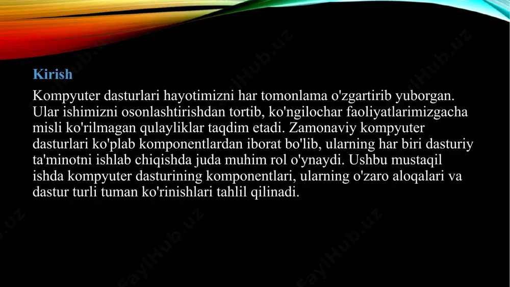 import va eksporti: dasturlar ko'pincha boshqa manbalardan ma'lumotlarni import qilish va eksport qilish imkoniyatini taqdim etadi. misollar: microsoft excel: statistik ma'lumotlar bilan ishlash va tahlil qilishda foydalanuvchilarga yordam beradi. access: ma'lumotlar bazasi yaratish va boshqarish uchun foydalaniladi. spss: ijtimoiy fanlarda dati tahlil qilishda ishlatiladigan dastur. o'yin dasturlari o'yin dasturlari foydalanuvchilarni ko'ngilochar va interaktiv tajribalar bilan ta'minlaydigan dasturlardir. ular grafikalar, ovozlar va qiziqarli hikoyalardan iborat bo'lib, turli platformalarda mavjud: grafika va ovoz: o'yin dasturlari murakkab grafik va ovoz effektlaridan keng foydalanadi. interaktivlik: o'yinlar foydalanuvchining harakatlariga javob beradi, bu esa ularni qiziqarli qiladi. konsol yoki pc: o'yin dasturlari odatda kompyuterlar, o'yin konsollari yoki mobil qurilmalarda o'ynaladi. misollar: dota 2 va league of legends: multiplayer online battle arena (moba) o'yinlari. the witcher 3: plotga ega bo'lgan ochiq dunyo o'yini. candy crush: mobil qurilmalarda o'ynaladigan puzzle o'yini. veb-dasturlar veb-dasturlar internet orqali ishlovchi dasturlar bo'lib, foydalanuvchilar uchun brauzer orqali foydalanish uchun mo'ljallangan. ular quyidagi xususiyatlarga …