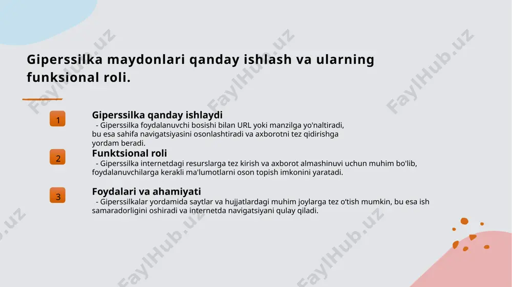 ni qidirishni soddalashtiradi va saytlardagi navigatsiyani yaxshilaydi. zamonaviy internetdagi roli giperssilka internetda axborot almashinuvi va bog‘lanishni ta'minlaydi. u foydalanuvchilarga tashqi resurslarga bog‘lanish va ma'lumotlarni tez topishda yordam beradi. foydalari va ahamiyati giperssilka maydonlari yordamida foydalanuvchilar kerakli ma'lumotlarga tez kirib, resurslar orasida oson navigatsiya qiladilar, internetdagi tajribani soddalashtiradi. xulosa 1 giperssilka maydonining asosiy vazifasi va ahamiyati giperssilka maydonlari internetda tez va qulay ulanish imkonini yaratadi, foydalanuvchilarga sahifa va resurslar bilan samarali ishlashni ta'minlaydi. 2 navigatsiya va axborot qidiruvining osonligi ta’minlanadi bu maydonlar orqali foydalanuvchilar kerakli ma’lumotlarni tez topib, tashqi resurslarga oson kirishadi, internetda qidiruv jarayonini sezilarli darajada soddalashtiradi. 3 zamonaviy internetda giperssilka roli va foydalari giperssilka internetda axborot almashinuvi va bog‘lanishni ta’minlaydi, foydalanuvchilarga keng imkoniyatlar ochib, ta’lim va ish faoliyatini rivojlantirishda muhim ahamiyatga ega. foydalanilgan adabiyotlar 1. o‘zbekiston respublikasi moliya vazirligi. giperssilka maydonining ishlatilishi va boshqaruvi. tashkent: o‘zbekiston nashriyoti, 2020. 2. akbarov, a. giperssilka maydonlarining texnik xususiyatlari va ilovalari. o‘zbekiston axborot …