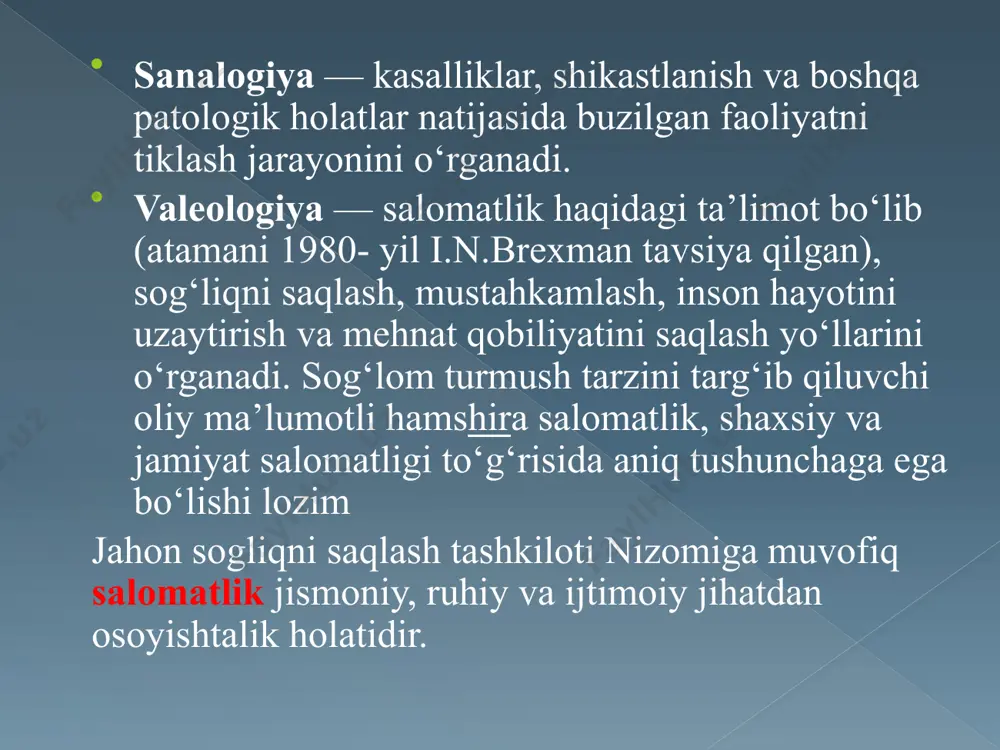 a qarshi ishlatiladigan xilma-xil zaharli kimyoviy moddalar va boshqalar inson atrofini orab olgan muhit hisoblanadi, sanab otilgan omillar esa insonning jismoniy va ruhiy salomatligiga bevosita tasir korsatadi. notogri va tartibsiz ovqatlanish organizm yetarli darajada oziq moddalar bilan taminlanmasligi natijasida uning himoya xususiyatlari pasayib, kasallik paydo bolishi uchun zamin yaratiladi, tez charchash, ish qobiliyatining pasayishiga olib keladi. bolalarning yetarlicha ovqatlanmasligi ularning osish va jismoniy rivojlanishini kechiktiradi. gipodinamiya gipodinamiya (yunoncha hypo kam, past va dynamic kuch) mushaklarning yetarli darajada ishlamasligi, qisqarish kuchining kamayib ketishi bolib, odatda doimo otirib ishlash, kam harakatlilik, umuman mushaklarga tushadigan ogirlikning kamayib qolishi tufayli kelib chiqadigan gipokineziya, yani odam harakat faolligining kamayib ketishi demakdir. zararli odatlar. alkogolizm ashaddiy ichkilikbozlik, ayrim kishilarning oz salomatligi va mehnat qobiliyatiga, shuningdek jamiyat farovonligiga zarar yetkazadigan darajada muntazam ravishda meyoridan ortiq spirtli ichimliklar ichishidir. ruhiy-emotsional zoriqishlar odamlar ruhiyati va kayfiyatidagi har qanday ozgarishlar a’zo va sistemalarning faoliyatiga bevosita tasir korsatadi. odamning ruhan ezilishi, …