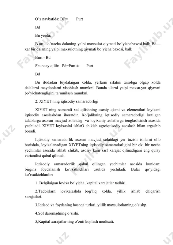 n asosiy fondlarni tuldirish, kengaytirish, va takomillashtirishga sarflangan mehnat, material va pul mablag’laridir. xo’jaliklarda kapital xarajatlar asosan qo’yidagi nishootlarga sarflai;ni: -barcha ishlab chiqarish va turar joy madaniy , maishiy bino va nishootlar qurilishiga; -xo’jalikka mashina va asbob uskunalar xarid qilish va tashib kelish; -xo’jalikdagi asbob uskunalarni uriatish va montaj qilishga; -ko’p yillik daraxtlarni utkazish va ustirishga; -asosiy fondlarni kapital remont qilish va zamonaviylashtirishga; -maxsuldor mollar va ish xayvonlari asosiy podasini tuzishga sarflanadi. qishloq xo’jaligiga kapital xarajatlar ajratish xajmi o’zviy rainida ortib boradi. kapital xarajatlarning ayrim nishootlar va tadbirlar bo’yicha iqtisodiy samaradorligi qo’yidagi ifoda yordamida aniqlanadi: k-ts=k bunda: k-yalpi maxsulotning yillik o’sish qiymati, t-o’sish tannarxi, k-kapital xarajatlar. xo’jaliklarda kapital xarajatlarning iqtisodiy samaradorligi yalpiya va sof foyda miqdorining kapital xarajatlarning (asosiy ishlab chiqarish fondlarining) xar bir sumiga nisbati bilan xisoblanadi: s,-s0 k ssd =—r bunda:ss.d—kapital xarajatlarning sof daromad bo’yicha samaradorligi; s0-s|-kapital xarajatgacha va uidan keynigi sof daromad (sum); k-kushimcha kapital xarajatlardan olingan …