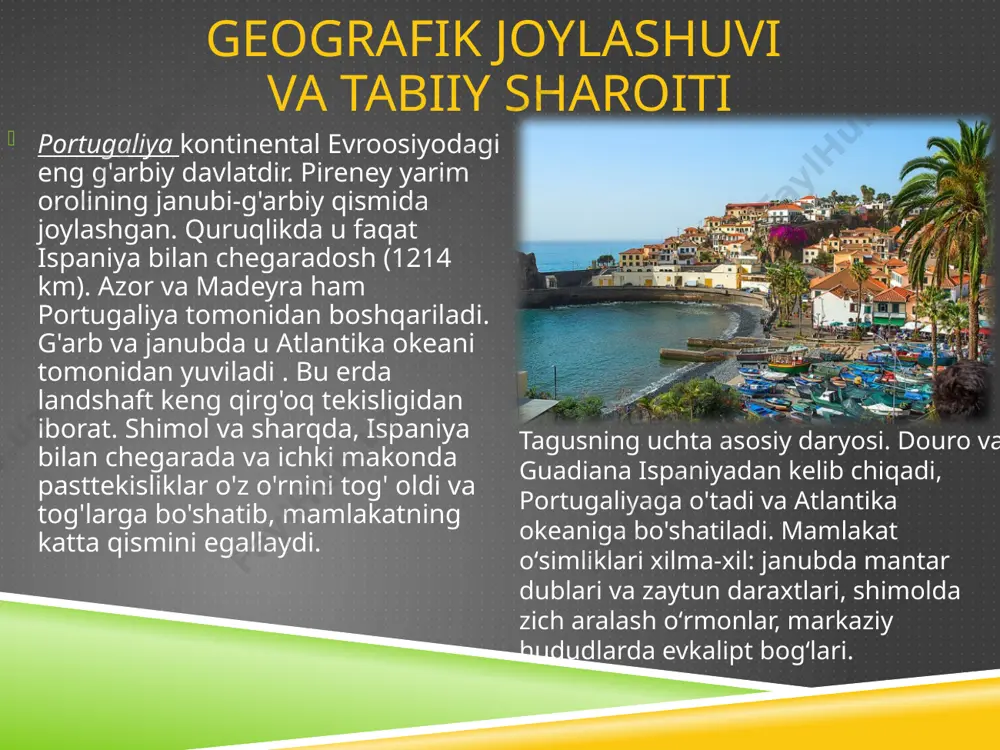 tta ahamiyat beriladi. shimoliy va janubiy portugaliyaning iqlim sharoitlaridagi farqlarga ko'ra, tuproq qoplami ham o'zgaradi. uzum, tamaki va boshqa, asosan, subtropik ekinlar yetishtiriladigan jigarrang o'rmon va allyuvial tuproqlar eng katta tabiiy unumdorlikka ega. sug'oriladigan sharoitda qo'ng'ir-qo'ng'ir va jigarrang tuproqlar ko'plab qishloq xo'jaligi ekinlaridan, asosan, dondan qoniqarli hosil beradi. yuzaki yon bagʻirlari katta boʻlgan togʻli hududlarda qishloq xoʻjaligida foydalanish ahamiyatsiz boʻlgan yupqa skeletli tuproqlar rivojlangan. tekisliklarning uzoq muddatli iqtisodiy rivojlanishi, tog' yonbag'irlarida o'rmonlarning kesilishi va yaylovlarda haddan tashqari bosim ko'plab hududlarda tuproqning degradatsiyasiga va eroziyaning tezlashishiga yordam berdi. iqtisodiy vaziyat portugaliya sanoat-agrar mamlakatdir. sanoatning eng muhim anʼanaviy tarmoqlari toʻqimachilik (paxta va jun), tikuvchilik, vinochilik (port ishlab chiqarish ayniqsa mashhur), zaytun moyi ishlab chiqarish, baliq konservalari, poʻstloq poʻstlogʻini qayta ishlash (dunyoda yetakchi oʻrin), qora va nodavlat sanoatdir. qora metallurgiya, mashinasozlik (kema qurish va ta'mirlash, avtomobillarni yig'ish, elektrotexnika); kimyo, neftni qayta ishlash, neft-kimyo, sement sanoati rivojlanmoqda. konstitutsiya matnining oʻzgarishi munosabati bilan (1990) xususiylashtirish …