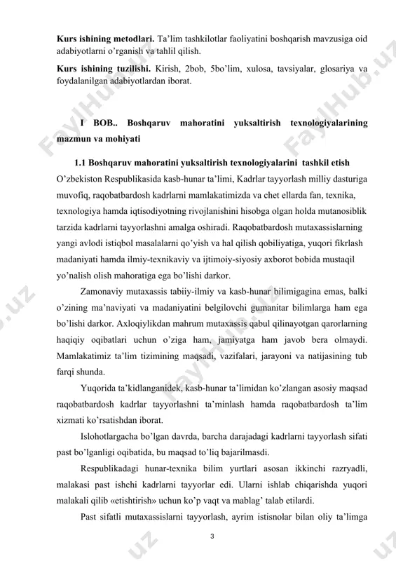 gan davrda, barcha darajadagi kadrlarni tayyorlash sifati past bo’lganligi oqibatida, bu maqsad to’liq bajarilmasdi. respublikadagi hunar-texnika bilim yurtlari asosan ikkinchi razryadli, malakasi past ishchi kadrlarni tayyorlar edi. ularni ishlab chiqarishda yuqori malakali qilib «etishtirish» uchun ko’p vaqt va mablag’ talab etilardi. past sifatli mutaxassislarni tayyorlash, ayrim istisnolar bilan oliy ta’limga ham xos edi. buning sababi ko’p darajada: mutaxassislarni ommaviy chiqarish, respublika iqtisodiy va ijtimoiy hayotining asossiz ehtiyojlari, bu hol soxta lavozimlar nomenklaturasi ortishiga olib keldi. bu omil oliy ma’lumotning nufuzi va uning sifat ko’rsatkichlariga qo’yiladigan talab pasayishini keltirib chiqardi; oliy ma’lumotli mutaxassislar mehnati natijalari ham miqdor, ham sifat jihatdan qadrsizlanishi. yangi texnika va texnologiyani yaratadigan mutaxassis o’zining ijodi natijalarini ro’yobga chiqaradiganlardan kam maosh olardi. ayni mahalda yuqori malakali mutaxassislarning ko’pchiligi o’rta bo’g’in mutaxassislariga xos kasbiy vazifalarni bajarishardi; mutaxassislar tayyorlash va ulardan foydalanishda raqobatchilik sharoiti yo’qligi, bu hol ularning ta’limi sifatiga qo’yiladigan talablar jiddiy pasayishiga olib keldi. mazkur sabablardan tashqari, tayyorlash …