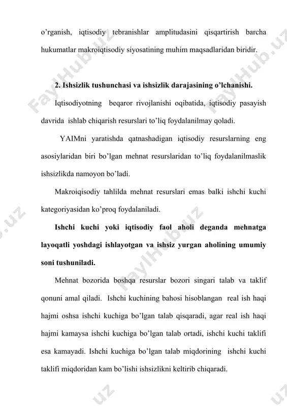 h bilan band va faol ish qidirib yurgan ishsizlarga bo’linadi. 3. ishsizlikning iqtisodiy oqibatlari.a. ouken qonuni. barcha mavjud resurslardan to’liq foydalanish yoki ishsizlikning tabiiy darajasi holatida iqtisodiyotda yaratilishi mumkin bo’lgan mahsulot hajmini iqtisodiyotning ishlab chiqarish potensiali deb ataladi. mamlakatning ishlab chiqarish potensiali potensial yaim ko’rsatkichi bilan o’lchanadi. makroiqtisodiy beqarorlik tufayli, iqtisodiy pasayish davrida mamlakat o’z iqtisodiy potensialini to’liq ishga solmasdan, yaratilgan haqiqiy yaim hajmi (yh) potensial yaim (yp) hajmidan ortda qoladi. ya’ni yaimning uzilishi (yuz) ro’y beradi. yh – yp yuz= ----------------- 100 yp potensial yaim deganda mamlakatdagi ishlab chiqarish resurslaridan to’liq foydalanilgan sharoitda mumkin bo’lgan ishlab chiqarish hajmi tushuniladi. potensial yaim*ni hisoblashda mamlakatda ishsizlik mutlaqo yo’q deb emas, balki mavjud, biroq u tabiiy darajada, deb hisoblanadi. ishsizlik darajasining oshishi natijasida iqtisodiyot potensial yaim hajmini ololmaydi. shu sababli mamlakat miqyosida ishsizlikni uning tabiiy darajasida saqlash va tartibga solish iqtisodiy jihatdan katta ahamiyatga ega. ishsizlikning haqiqiy darajasi uning tabiiy darajasidan qanchalik …