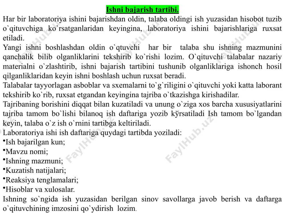 nomi; ishning mazmuni; kuzatish natijalari; reaksiya tenglamalari; hisoblar va xulosalar. ishning so`ngida ish yuzasidan berilgan sinov savollarga javob berish va daftarga o`qituvchining imzosini qo`ydirish lozim. laboratoriyada qo’llaniladigan kimyoviy idishlar va asboblar. kimyoviy idishlar. laboratoriya ishlarini bajarishda turli kimyoviy idishlar: probirka, stakan, voronka, konussimon, tagi yassi tubli va tagi yumaloq kolbalar, suyuqlikning hajmini o`lchash uchun menzurka, o`lchov kolbalari, o`lchov silindirlari, bir – biriga aralashmaydigan suyuqliklarni ajratish uchun ajratgich voronkalar va suyuqliklarni oz – ozdan qo`shish yoki tomizish uchun tomizg`ich voronkalar qo`llaniladi (1 – rasm). 1 – probirkalar; 2 – stakanlar; 3 – voronkalar; 4 – yassi tubli va 5 – dumaloq tubli kolbalar; 6 – menzurkalar; 7 – pipetkalar; 8 – byuretkalar; 9 – o`lchov kolbalari;10 – o`lchov silindrlari; 11 – ajratgich va tomizgich voronkalar laboratoriyada shisha idishlar bilan bir qatorda suyuqliklarni bug`latish uchun chinni kosacha, moddalarni qizdirish uchun chinni tigel va moddalarni maydalash uchun chinni hovonchlar, shuningdek, temir shtativlar ishlatiladi …