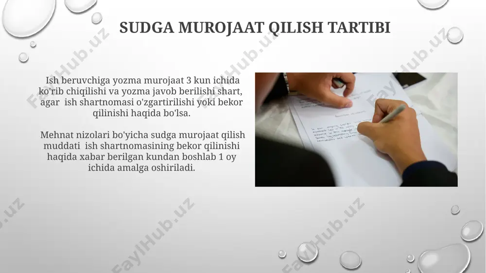 qilinganda, xodimga qonunchilikda belgilangan tartibda kompensatsiya to’lash majburiyati, jumladan, 3 oylik o’rtacha oylik ish haqi miqdorida tovon puli to’lanishi mumkin. ishsizlik nafaqasi nafaqani olish huquqini yo'qotishga olib keladigan holatlarga, jumladan, taklif qilingan ishni asossiz rad etish va o'qishga borish kiradi, bu nafaqaning to'xtatilishiga olib kelishi mumkin. ishsizlik nafaqasi miqdori ishsizlikdan oldingi o'rtacha oylik ish haqining 50% dan 75% gacha bo'lishi mumkin va maksimal muddati 6 oygacha cheklangan. ish shartnomasini bekor qilish to'g'risidagi xabarnoma ish shartnomasini bekor qilish to'g'risidagi xabarnoma yozma shaklda bo'lishi shart va unda bekor qilish sababi, sanasi va ish beruvchining tafsilotlari, shuningdek, 15 kunlik muddat ko'rsatilishi kerak. mehnat kodeksining 91-moddasiga asosan, ish beruvchi ishchini 3 kundan kam bo'lmagan muddat ichida ishdan bo'shatish to'g'risida xabarnoma berishi shart. ish shartnomasini bekor qilishning huquqiy oqibatlari ish shartnomasi bekor qilinganda, ish beruvchi 2 oylik o'rtacha oylik ish haqini kompensatsiya sifatida to'lashga majbur bo'lishi mumkin, agar bu qonun hujjatlarida belgilangan tartibda amalga oshirilmasa. …
